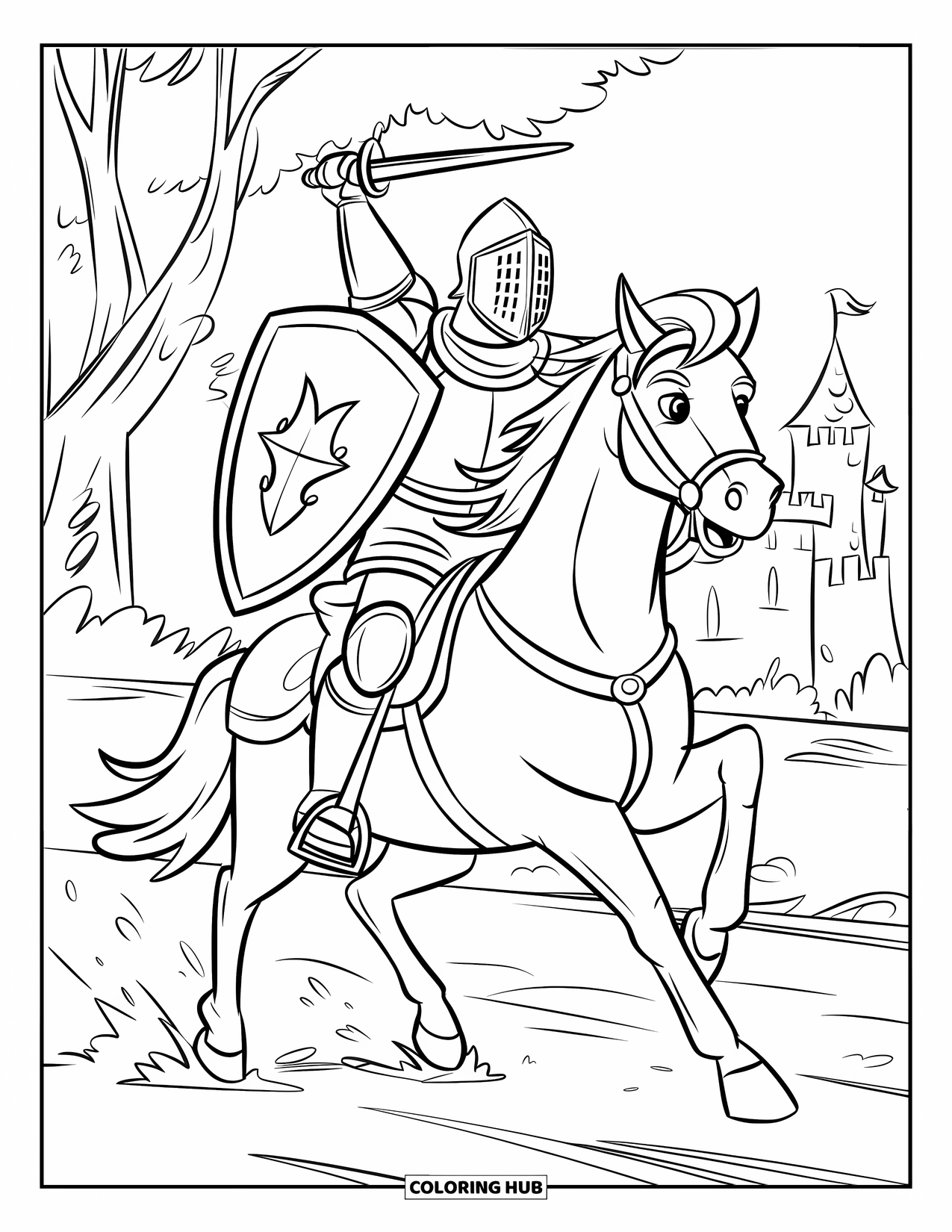 Warrior Coloring Page for Kids: A knight on horseback charges forward with sword and shield raised