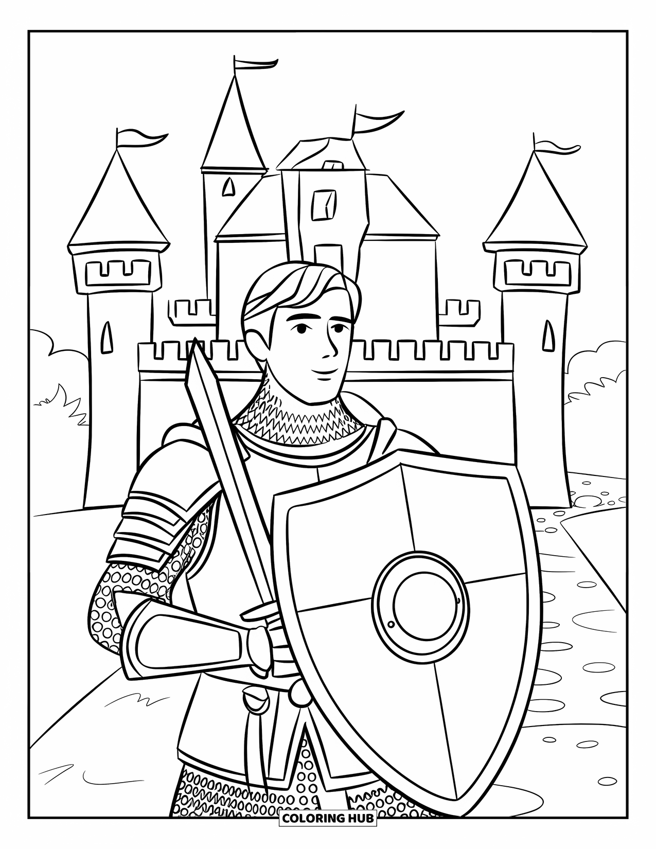 Warrior Coloring Page for Kids: A knight with shield and sword guards a simple castle entrance
