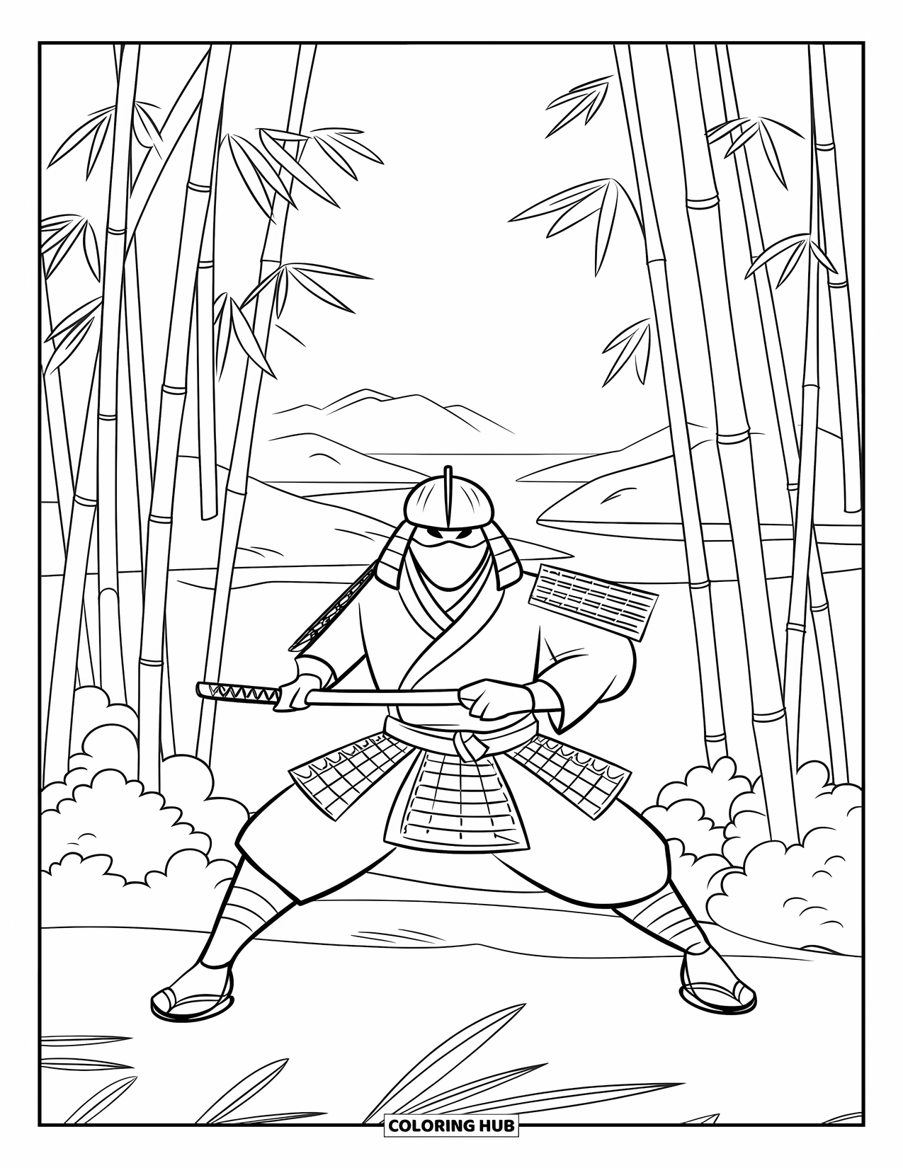 Warrior Coloring Page for Kids: A masked samurai stands alert in a bamboo forest