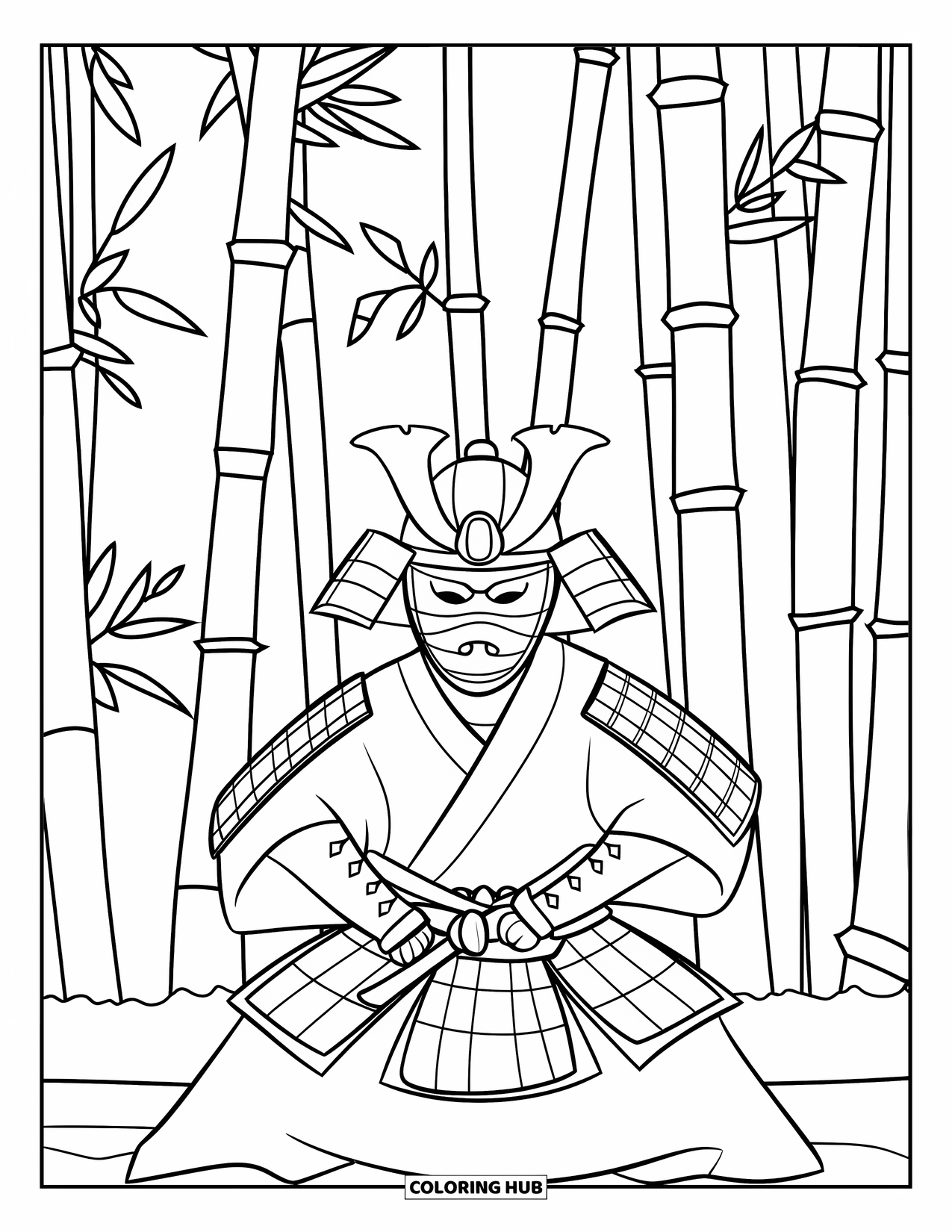 Warrior Coloring Page for Kids: A masked warrior poses in bamboo shadows, sword ready
