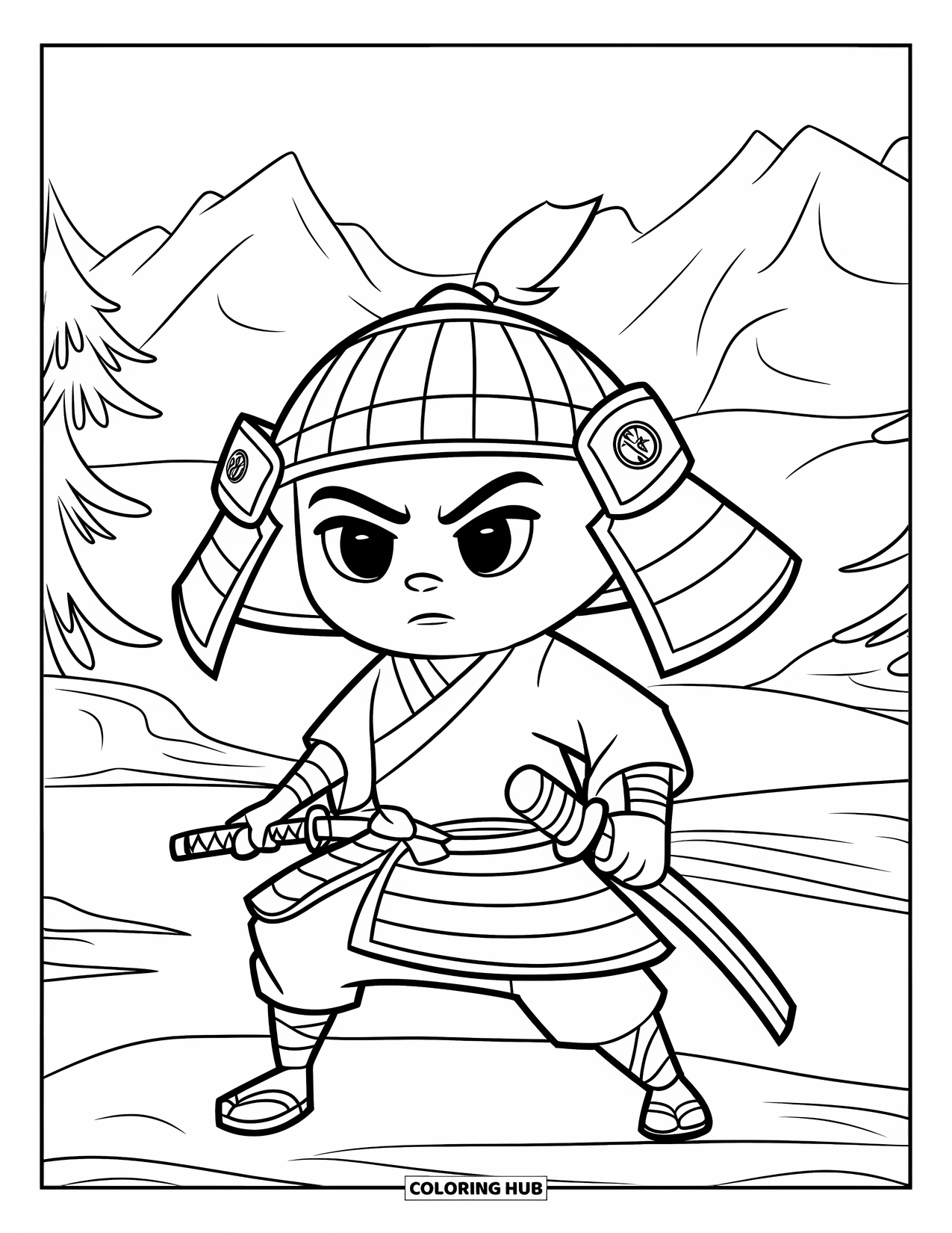 Warrior Coloring Page for Kids: A quiet samurai watches from the hills with sword in hand