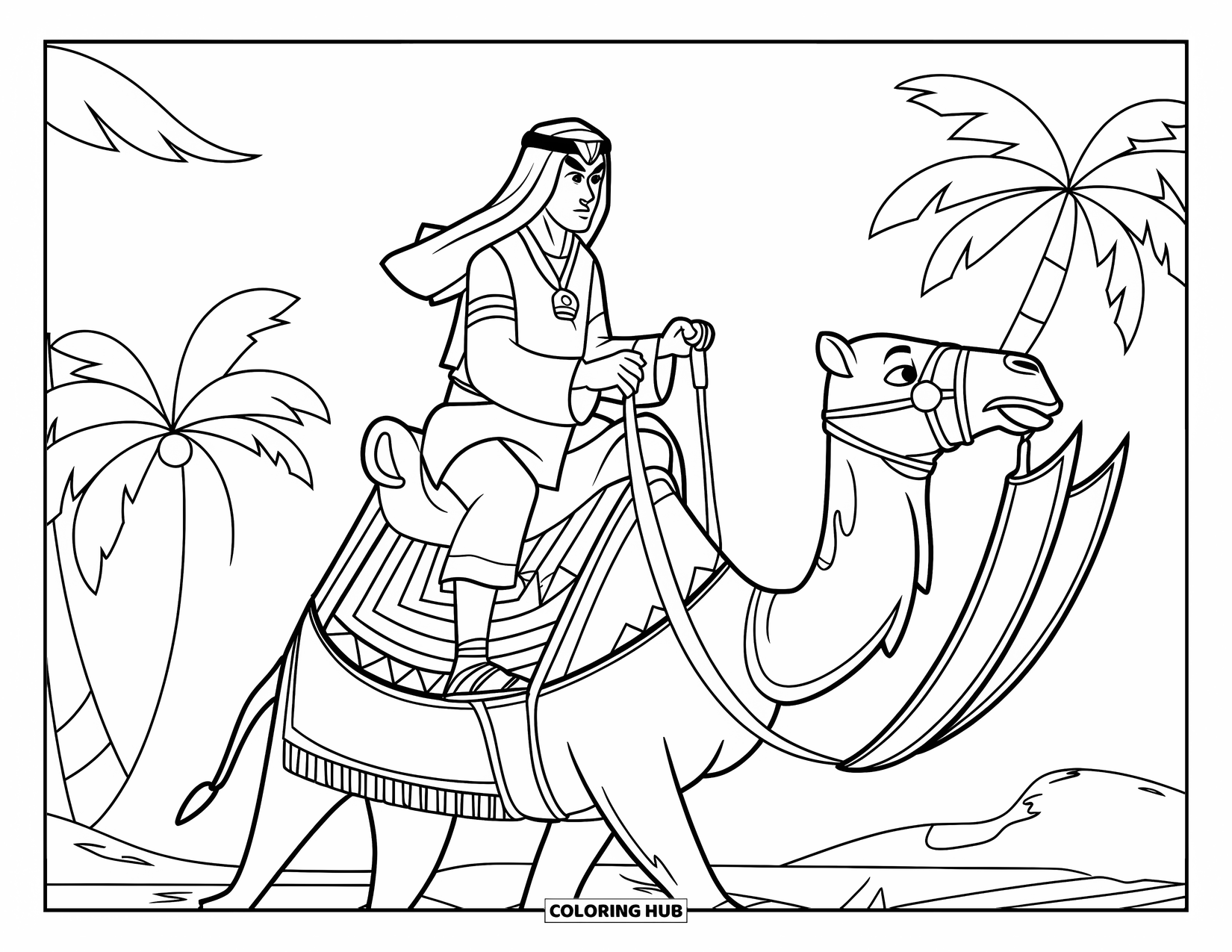 Warrior Coloring Page for Kids: A robed warrior rides a patterned camel past palm trees and dunes