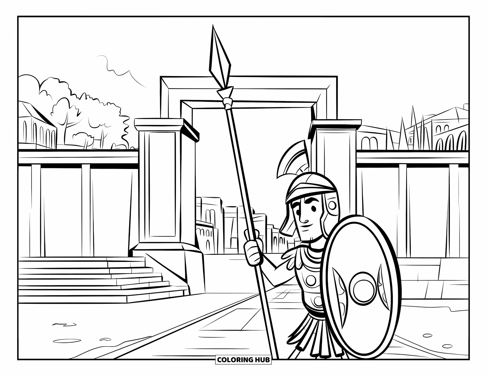 Warrior Coloring Page for Kids: A Roman soldier guards a grand gate with spear and shield