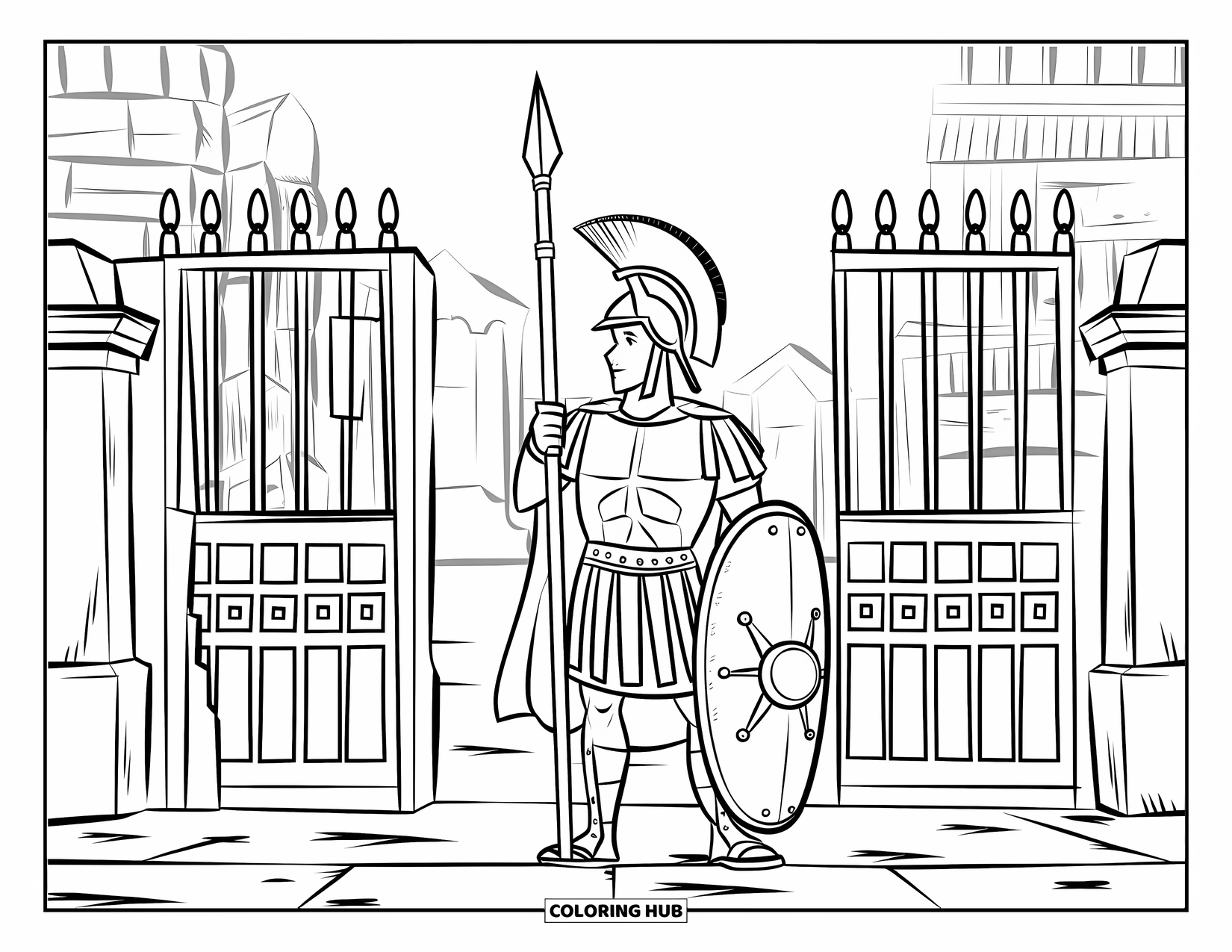 Warrior Coloring Page for Kids: A Roman warrior stands tall by a city gate with carvings