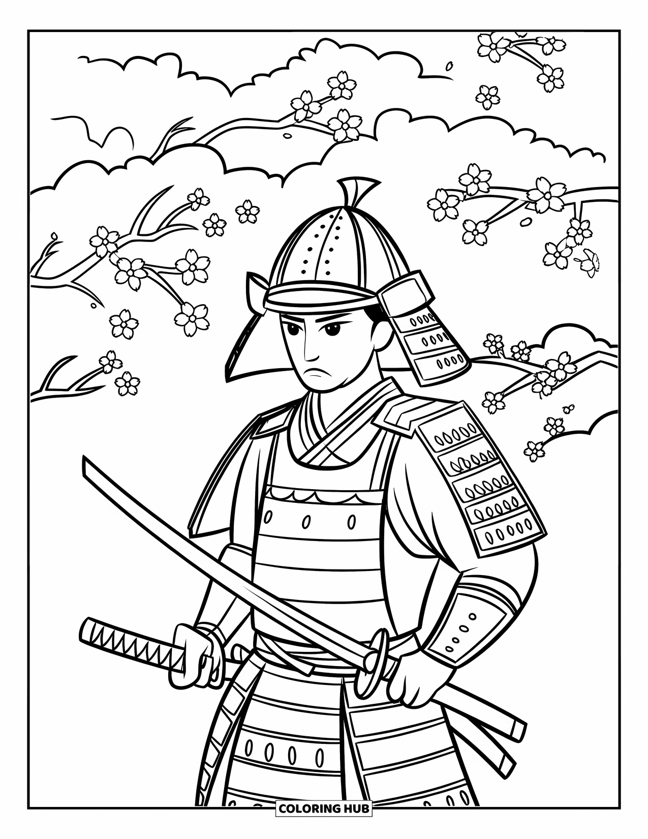 Warrior Coloring Page for Kids: A samurai stands beneath cherry blossoms holding twin swords