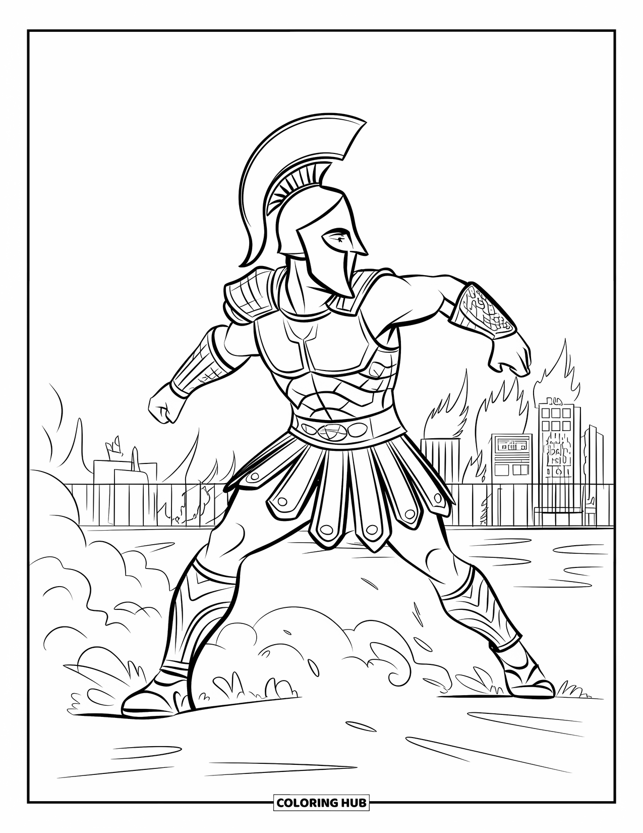 Warrior Coloring Page for Kids: A Spartan warrior charges through smoke with armor and spear raised