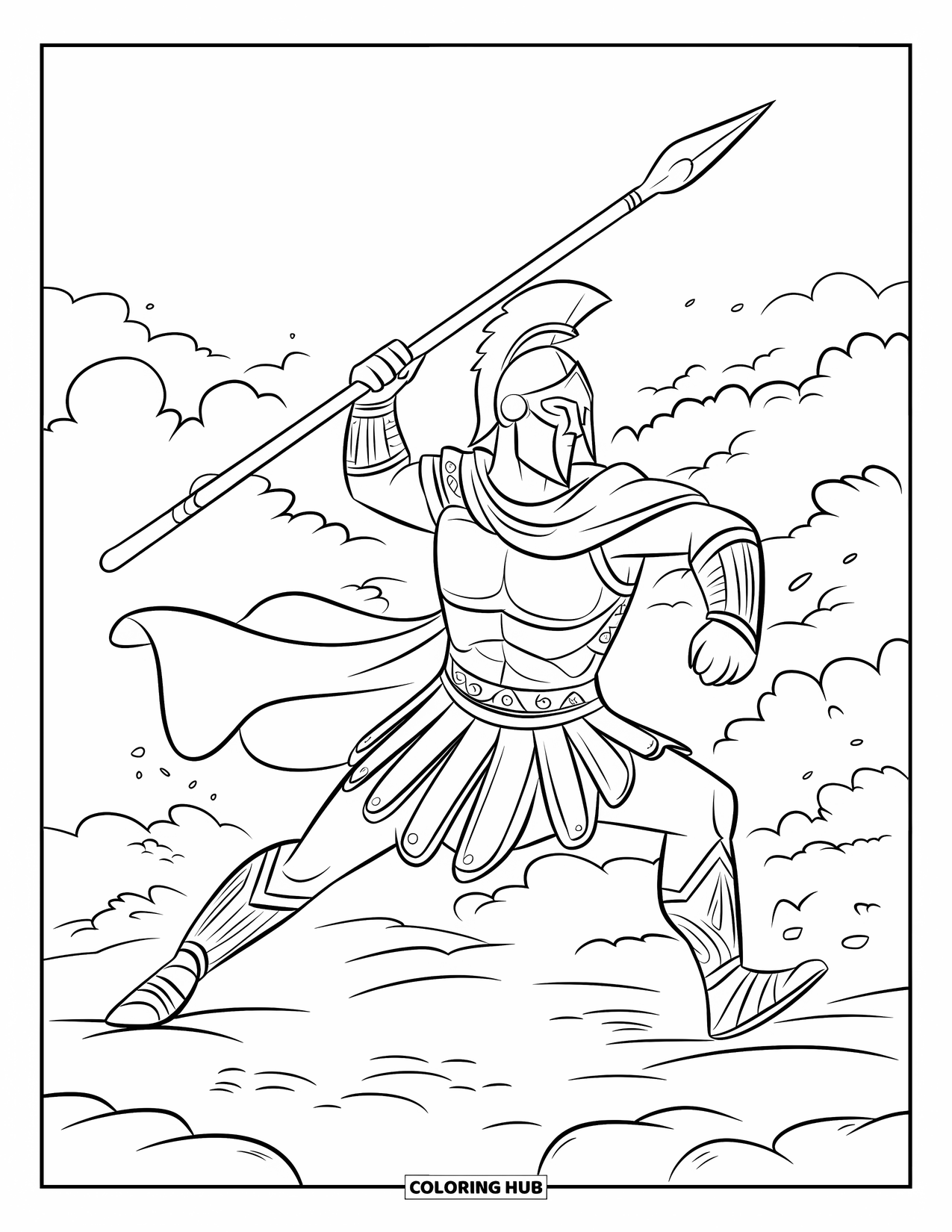 Warrior Coloring Page for Kids: A Spartan warrior with a helmet and spear battles in a cloud of dust