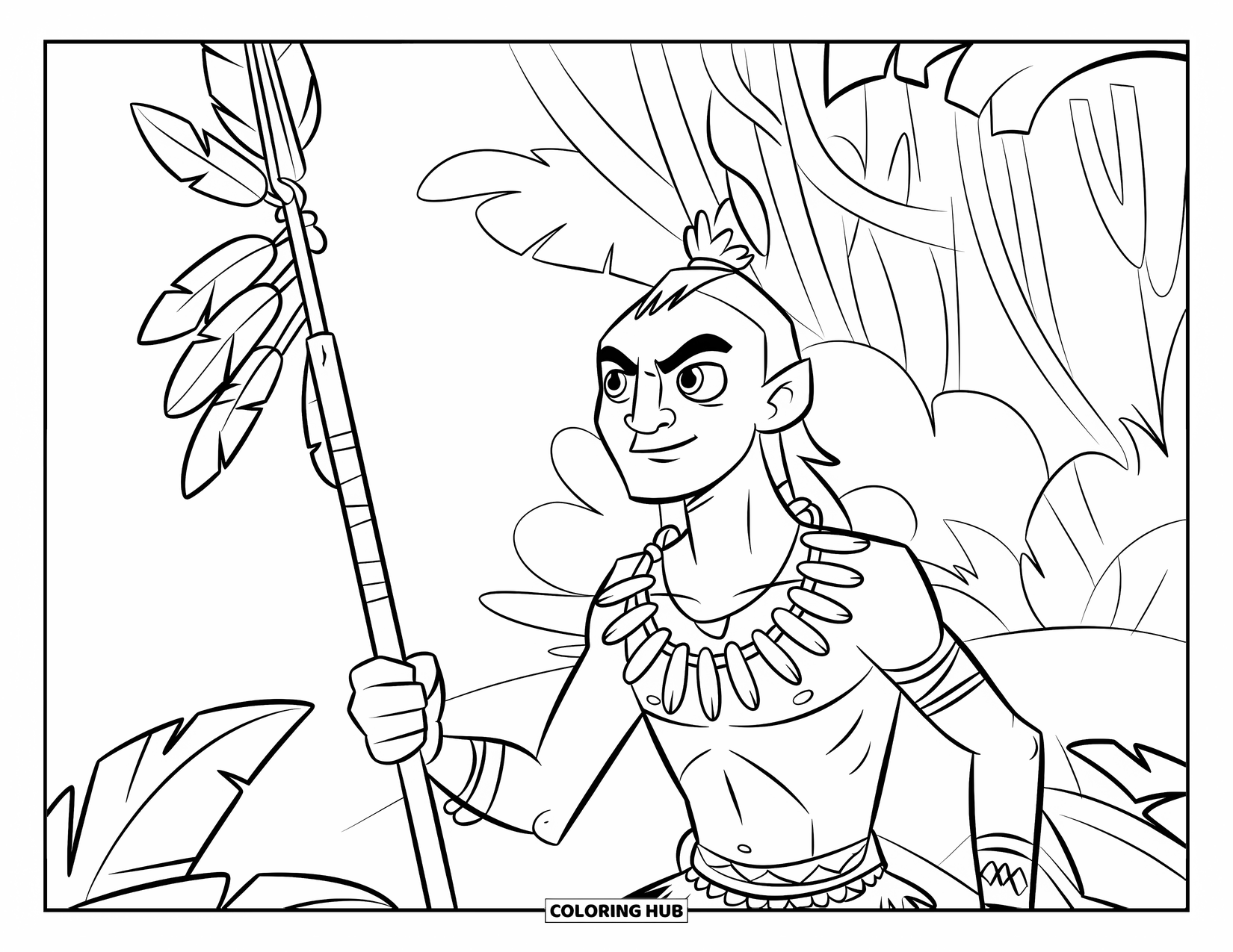 Warrior Coloring Page for Kids: A tribal warrior grips a feathered spear deep in the jungle
