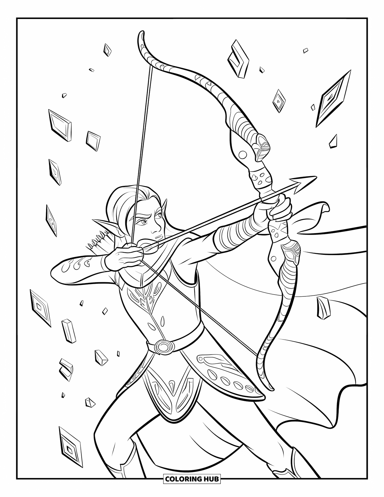 Warrior Coloring Page for Kids: A warrior elf aims a glowing bow as runes float around him