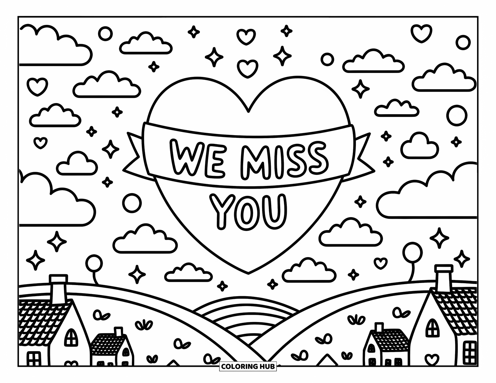 We Miss You Coloring Page for Adults: A large heart cloud drifts through a starry sky with a "We Miss You" banner