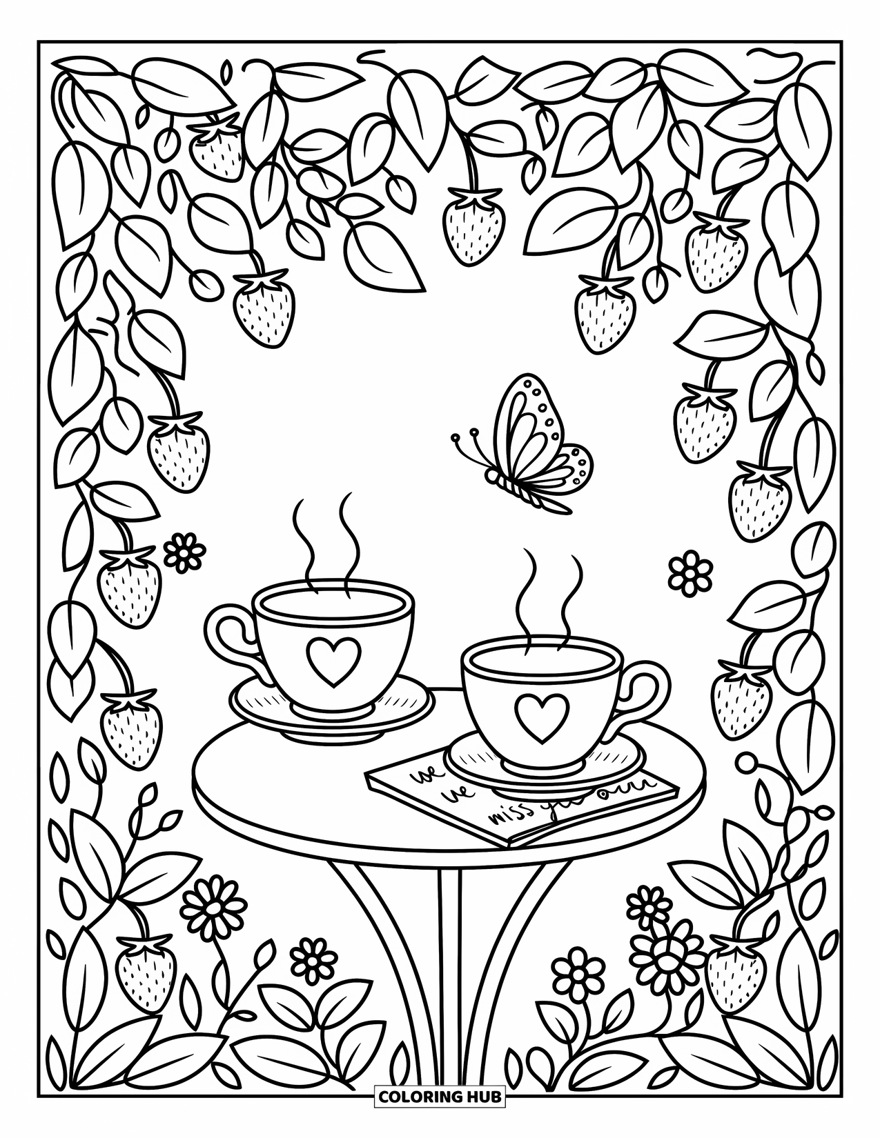 We Miss You Coloring Page for Adults: A quiet tea setting in a garden with a folded note that says "We Miss You"