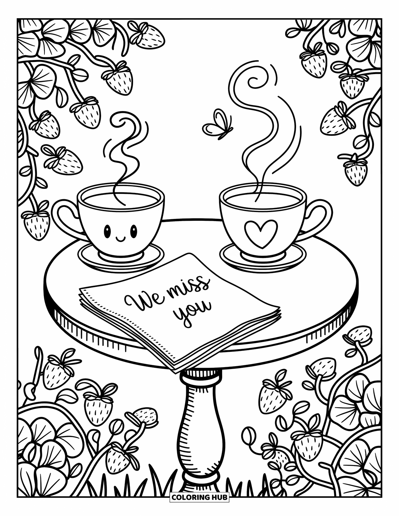 We Miss You Coloring Page for Adults: A steaming cup and a sweet note reading "We Miss You" sit on a table