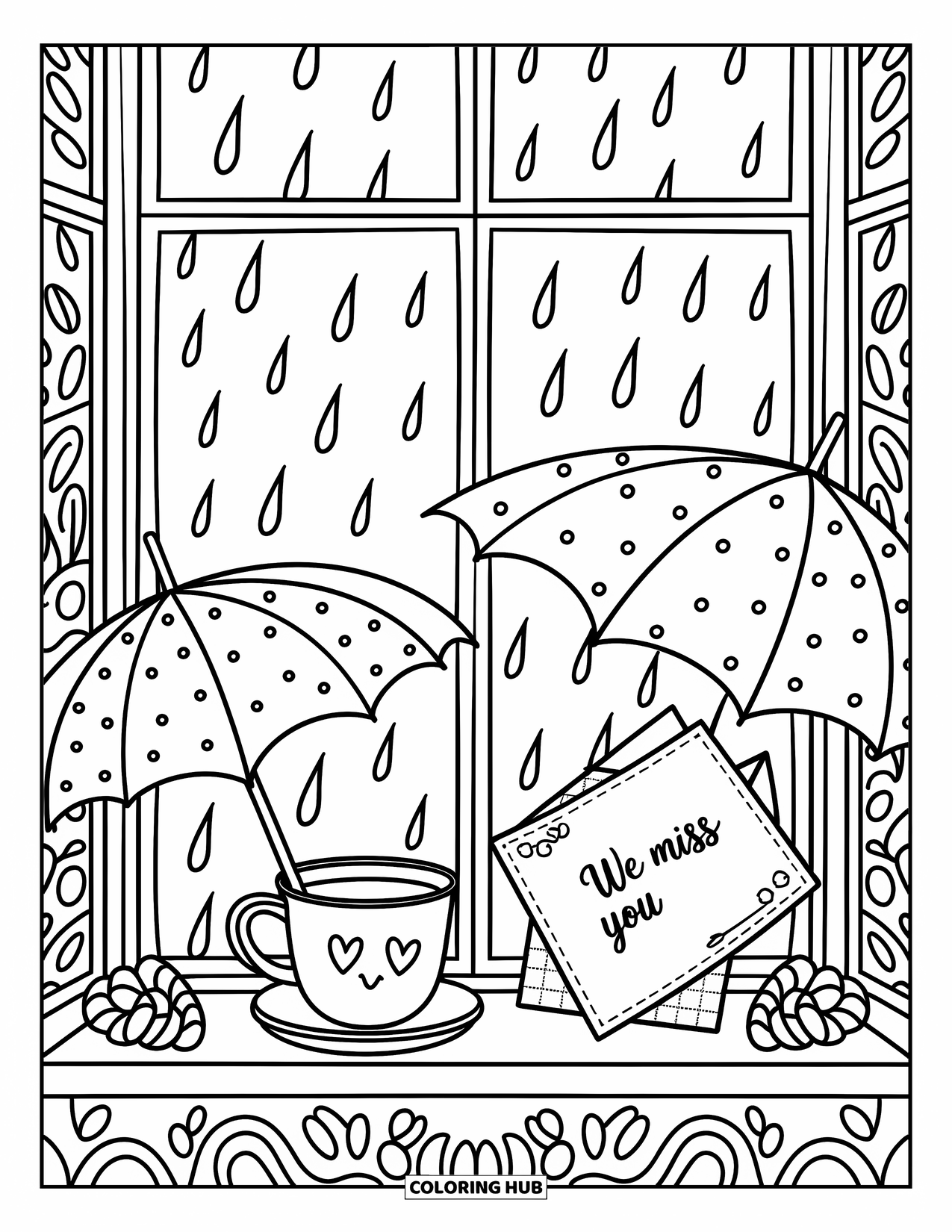 We Miss You Coloring Page for Adults: A tea mug and note saying "We Miss You" sit on a rainy windowsill