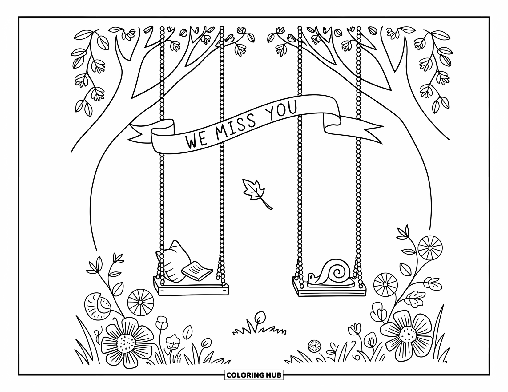 We Miss You Coloring Page for Adults: Two swings in a blooming garden, one empty, beneath a ribbon that says "We Miss You"