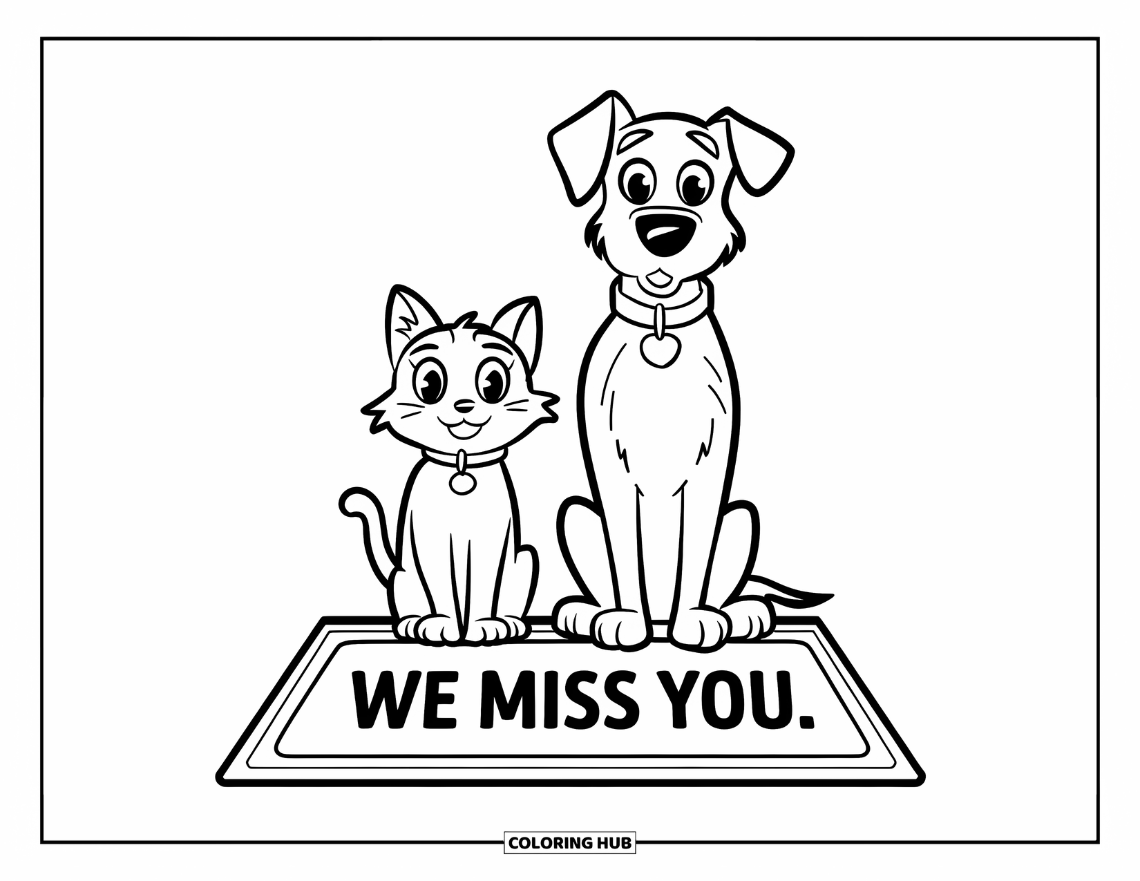 We Miss You Coloring Page for Kids: A cat and dog sit beside a mat that says "We Miss You"