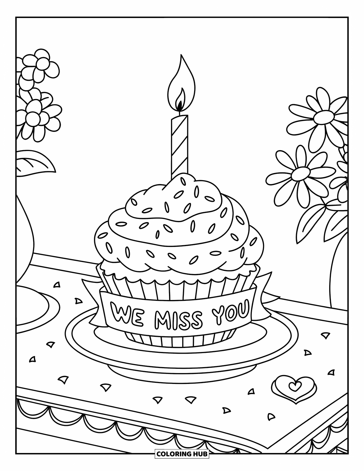 We Miss You Coloring Page for Kids: A cupcake with sprinkles and candles rests under a cheerful "We Miss You" sign