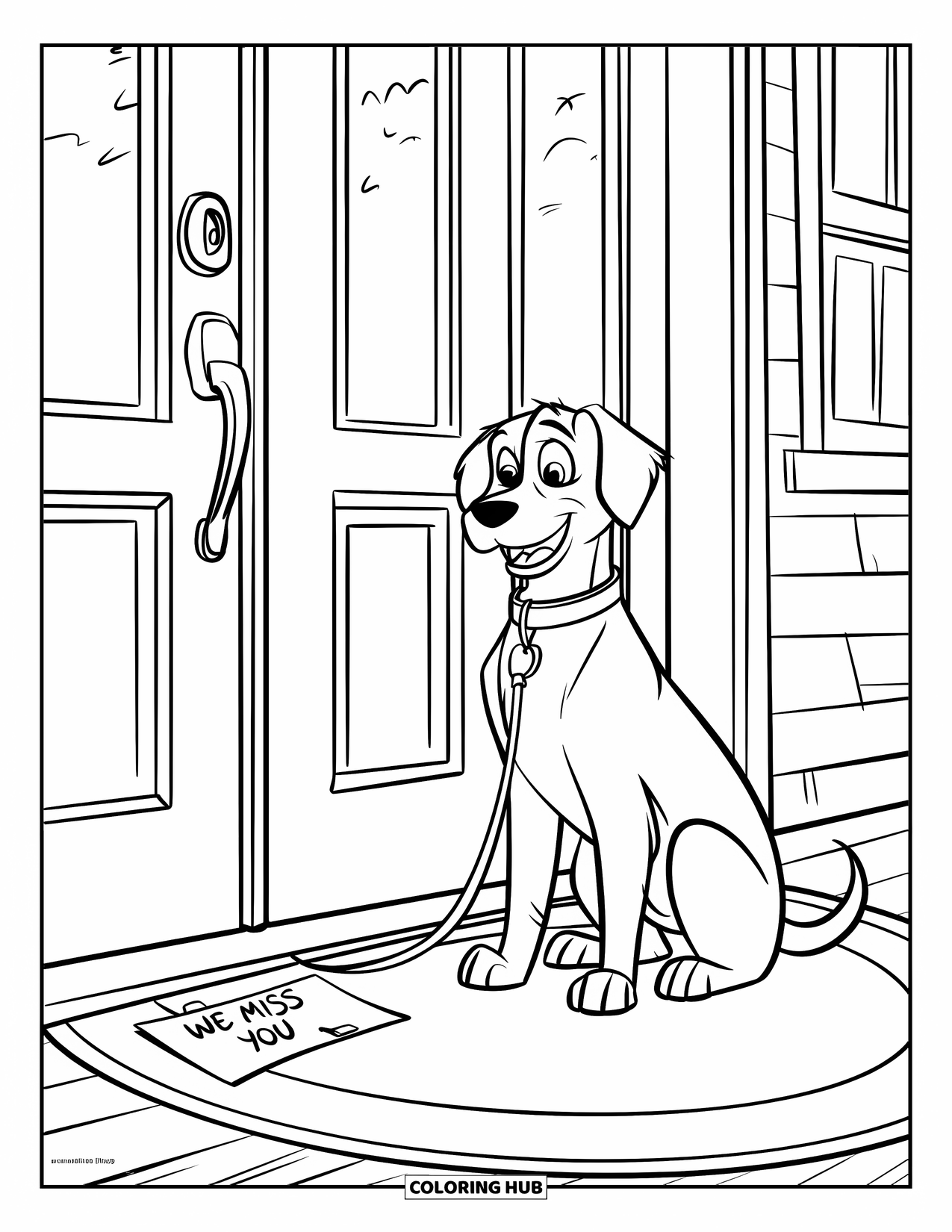 We Miss You Coloring Page for Kids: A dog sits by the door beside a note and leash, waiting for someone missed