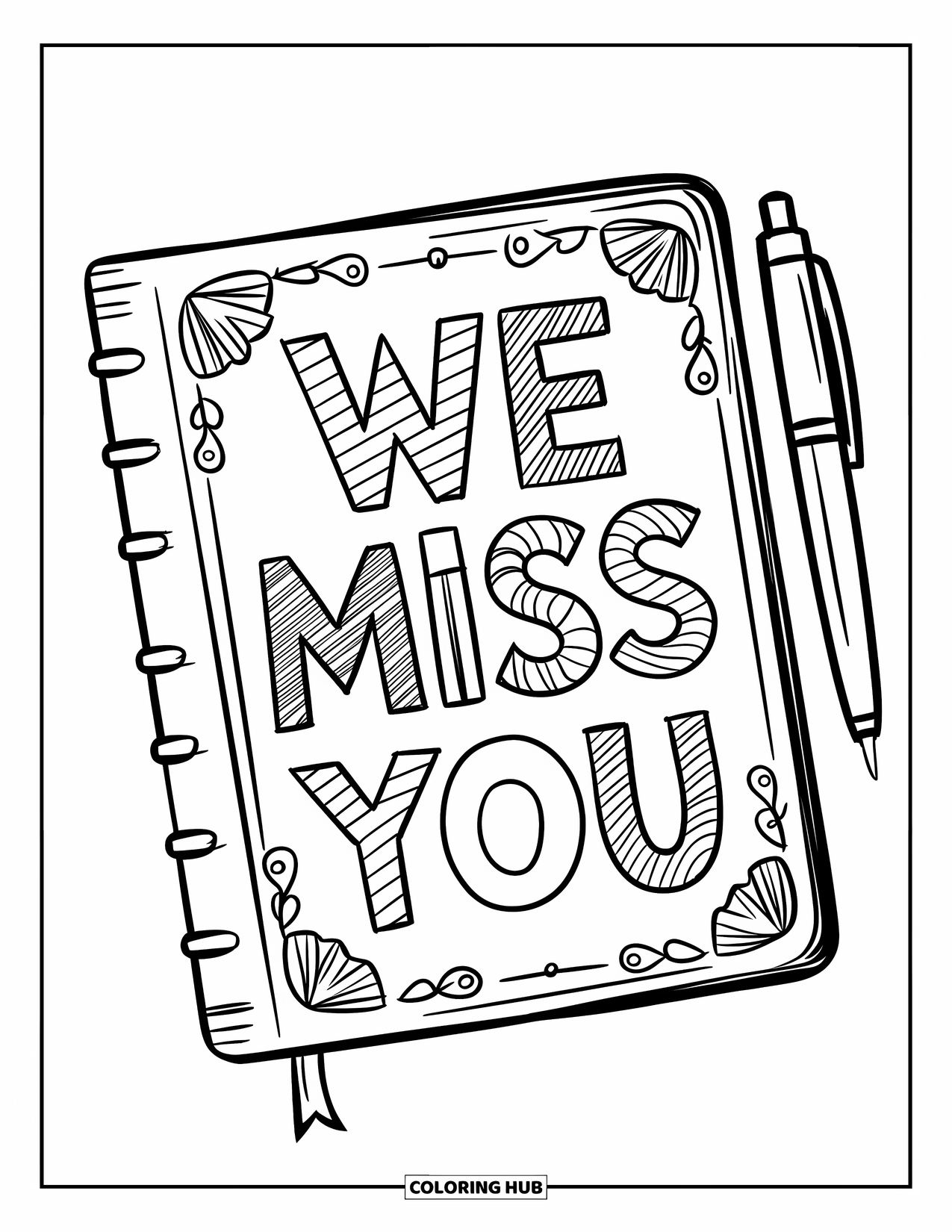 We Miss You Coloring Page for Kids: A journal lies open with a pen and the words "We Miss You"