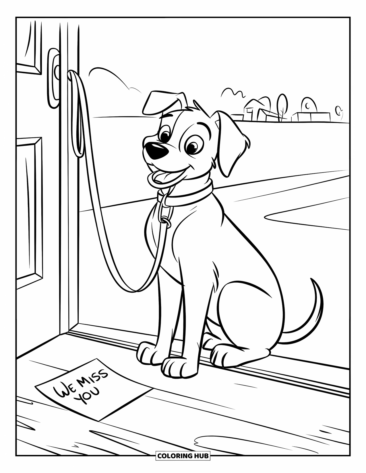 We Miss You Coloring Page for Kids: A loyal pup sits with a leash and a note saying "We Miss You"