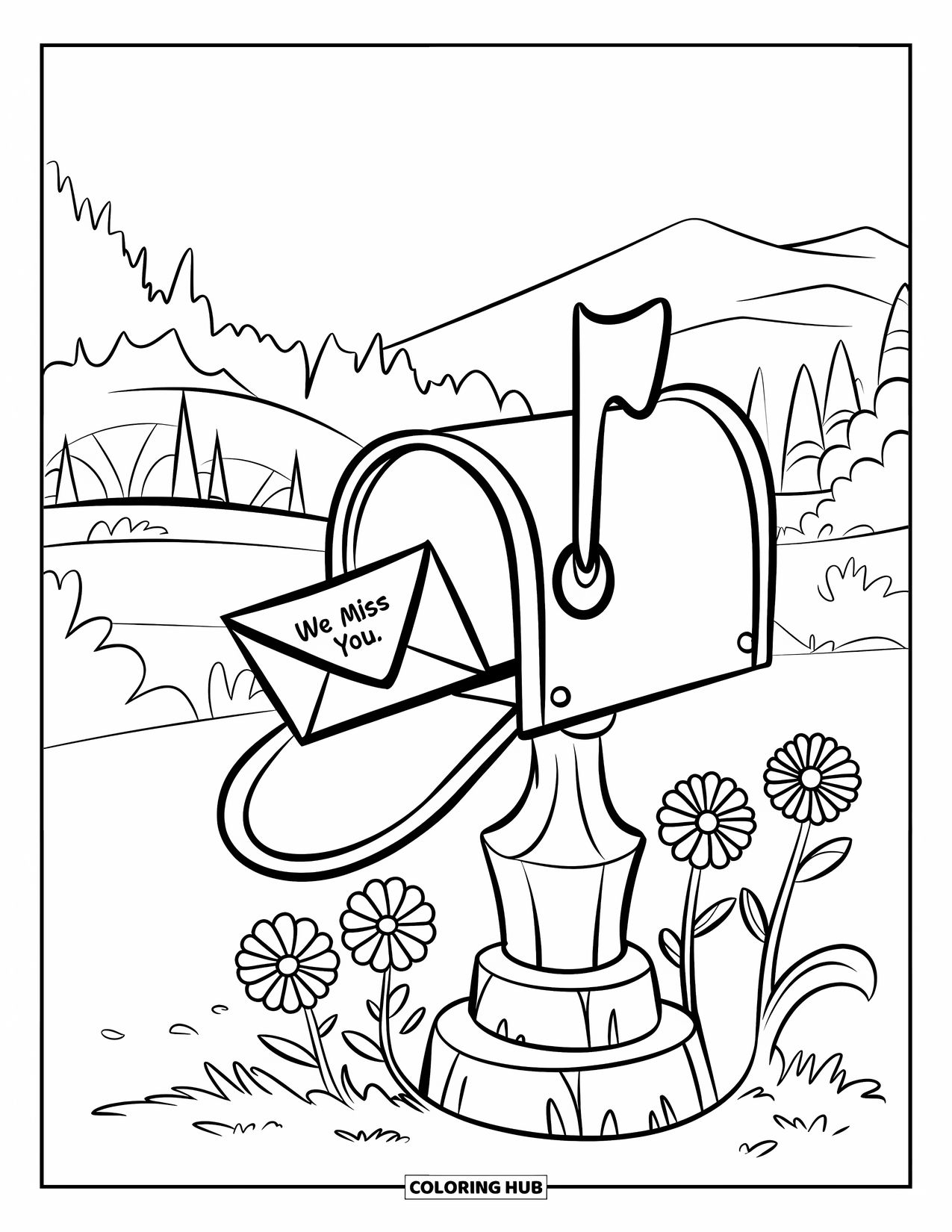 We Miss You Coloring Page for Kids: A mailbox holds an envelope labeled "We Miss You" beside flowers