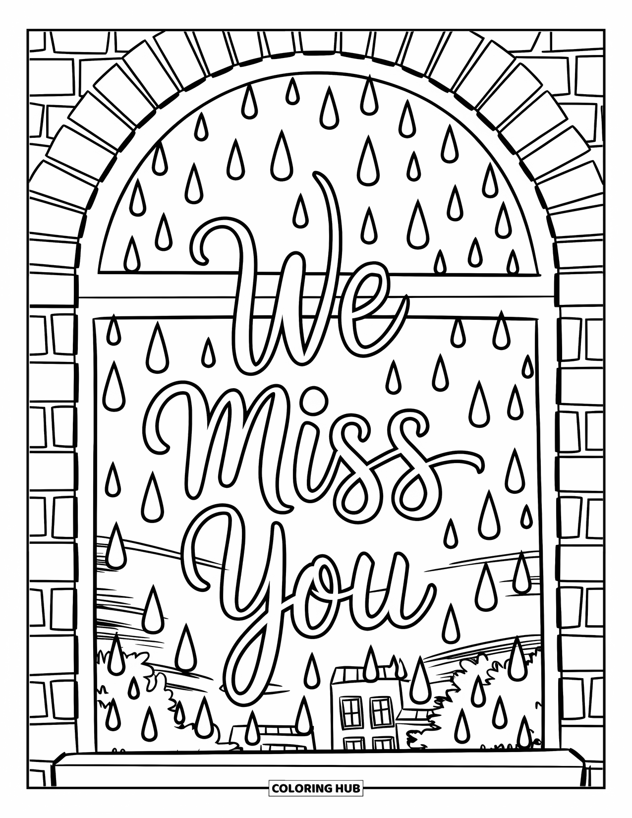 We Miss You Coloring Page for Kids: A raindrop-covered window shows the words "We Miss You" and a view of trees