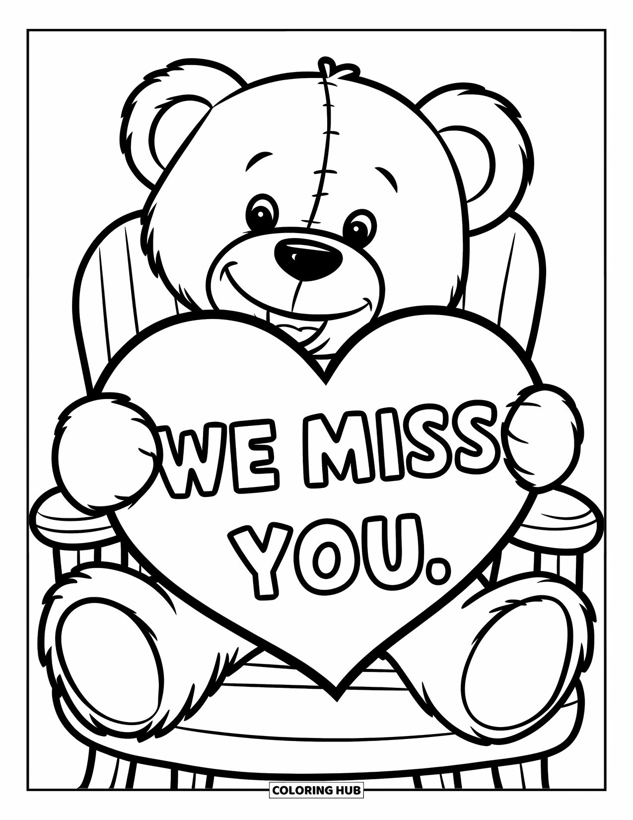 We Miss You Coloring Page for Kids: A sweet teddy hugs a heart-shaped sign that reads "We Miss You"