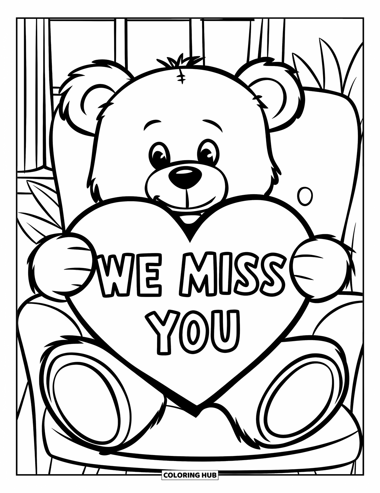 We Miss You Coloring Page for Kids: A teddy bear holds a big heart sign that says "We Miss You"