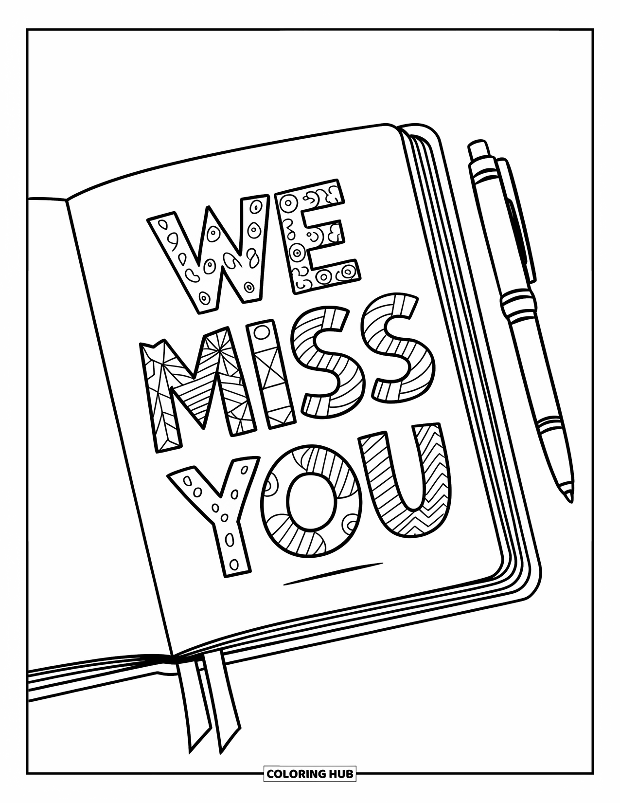 We Miss You Coloring Page for Kids: An open journal shows doodled "We Miss You" with a pen beside it