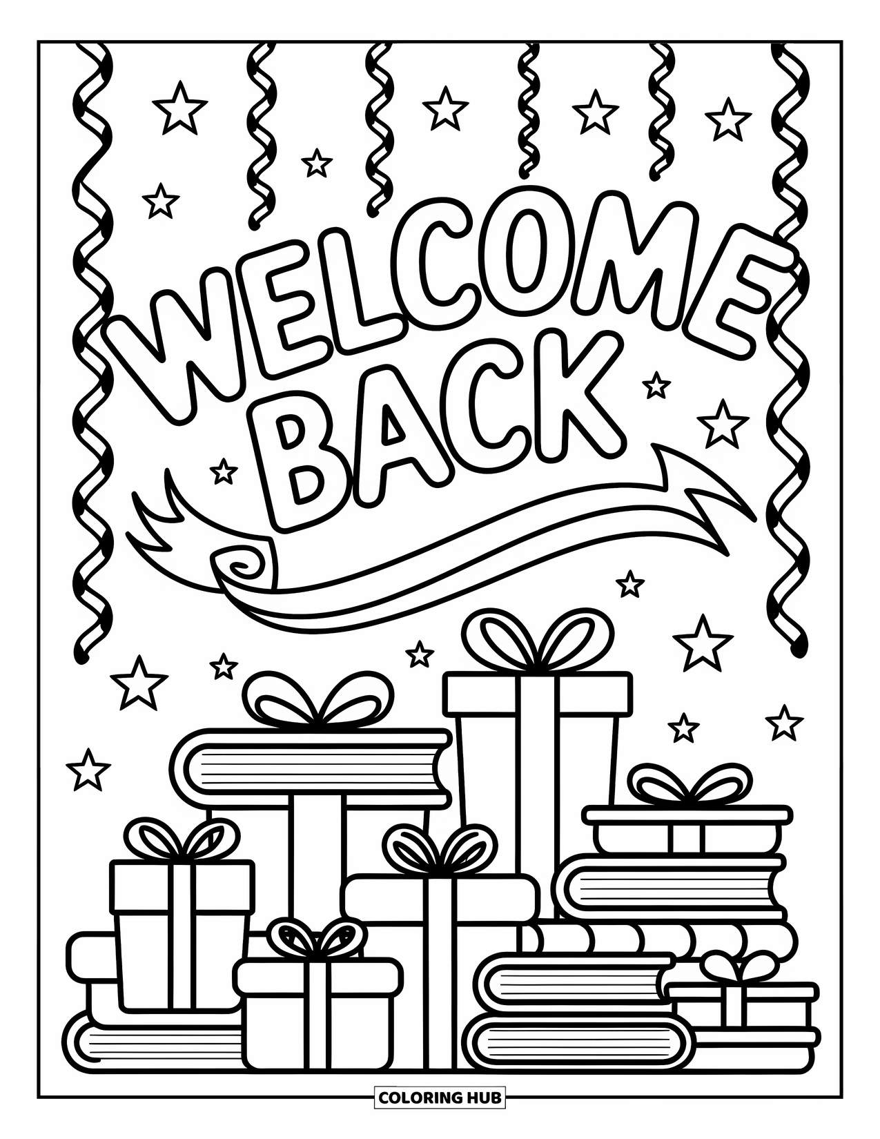 Welcome Back Coloring Page for Adults: Arched Welcome Back greeting with ribbons, bows, stars, books, and streamers