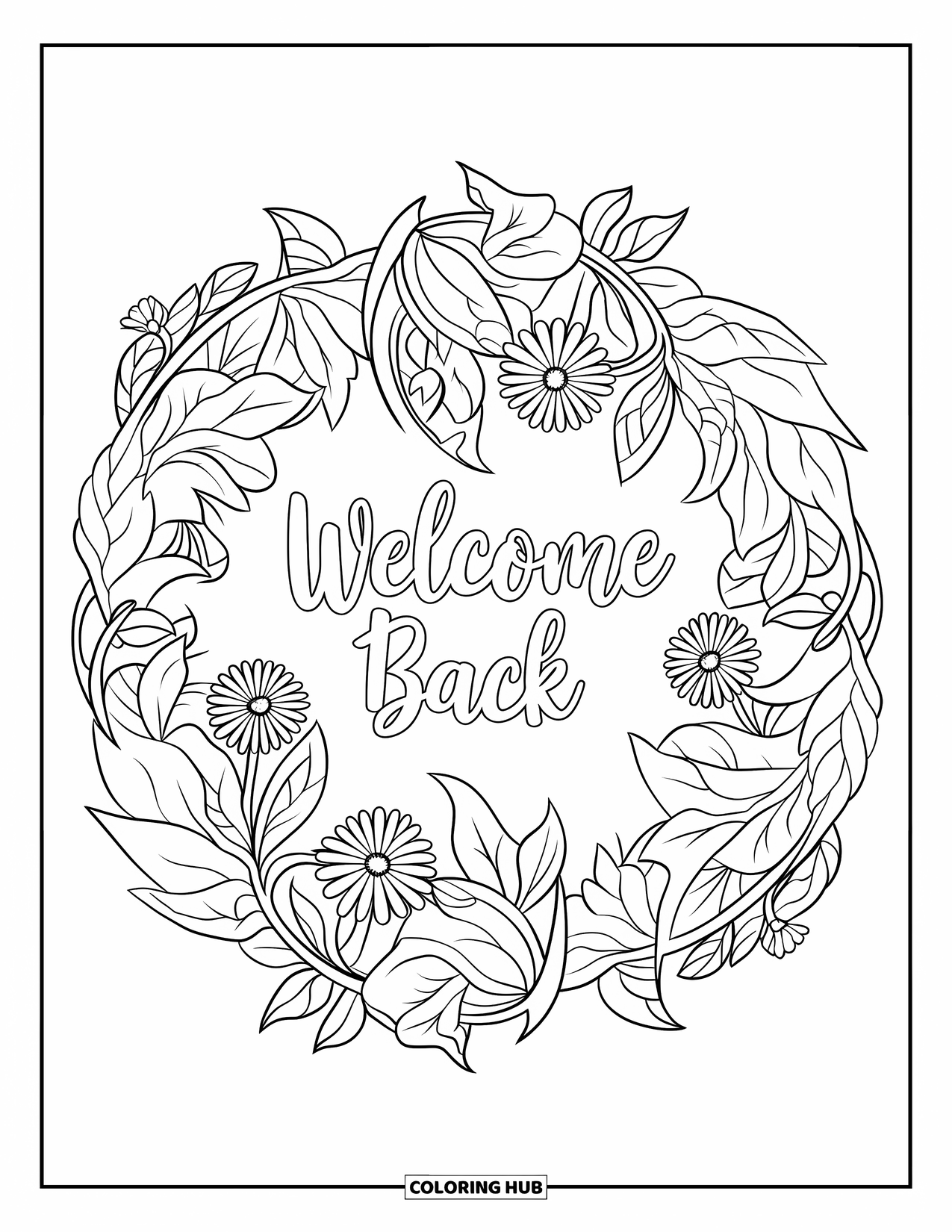 Welcome Back Coloring Page for Adults: Botanical mandala with Welcome Back at the center