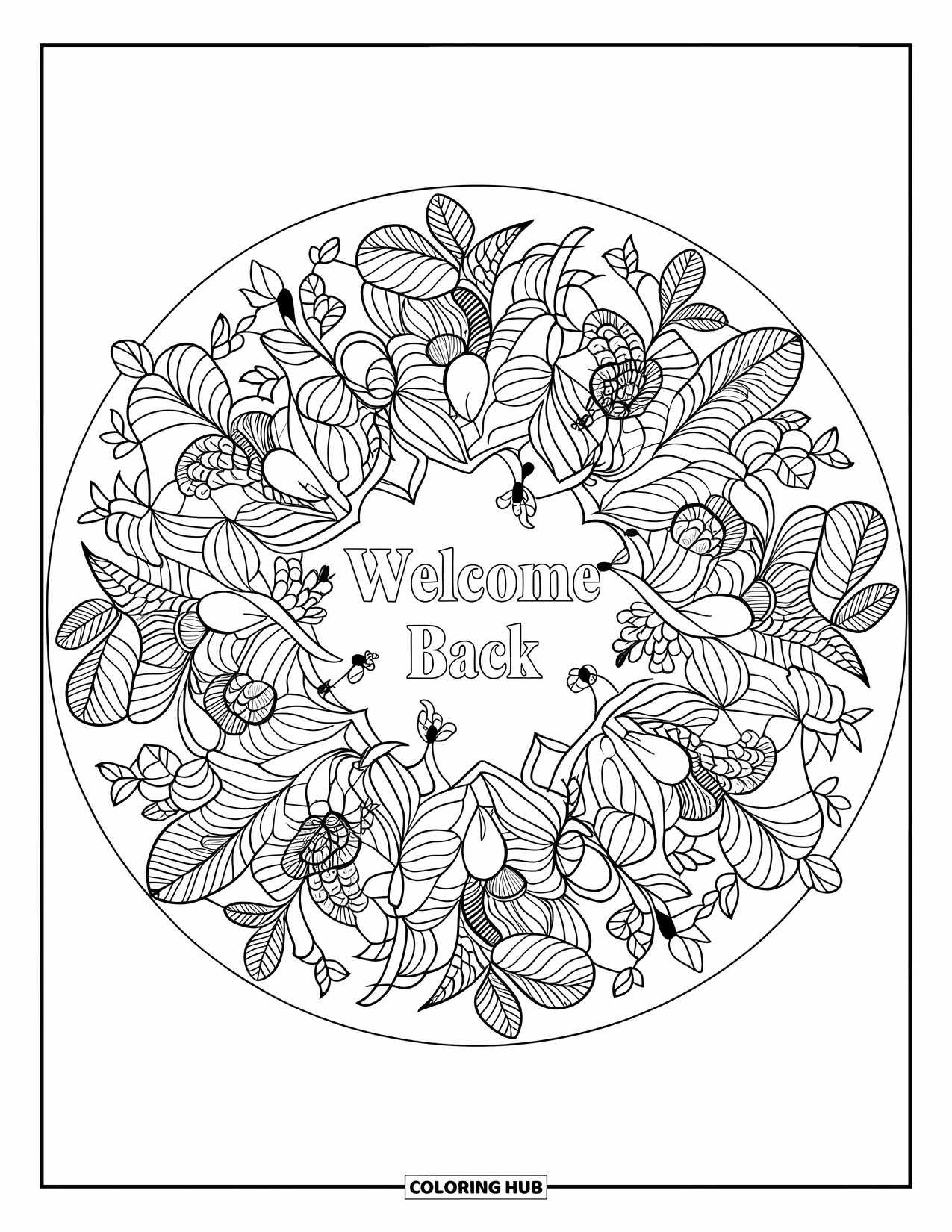 Welcome Back Coloring Page for Adults: Detailed botanical mandala with Welcome Back, birds, and insects
