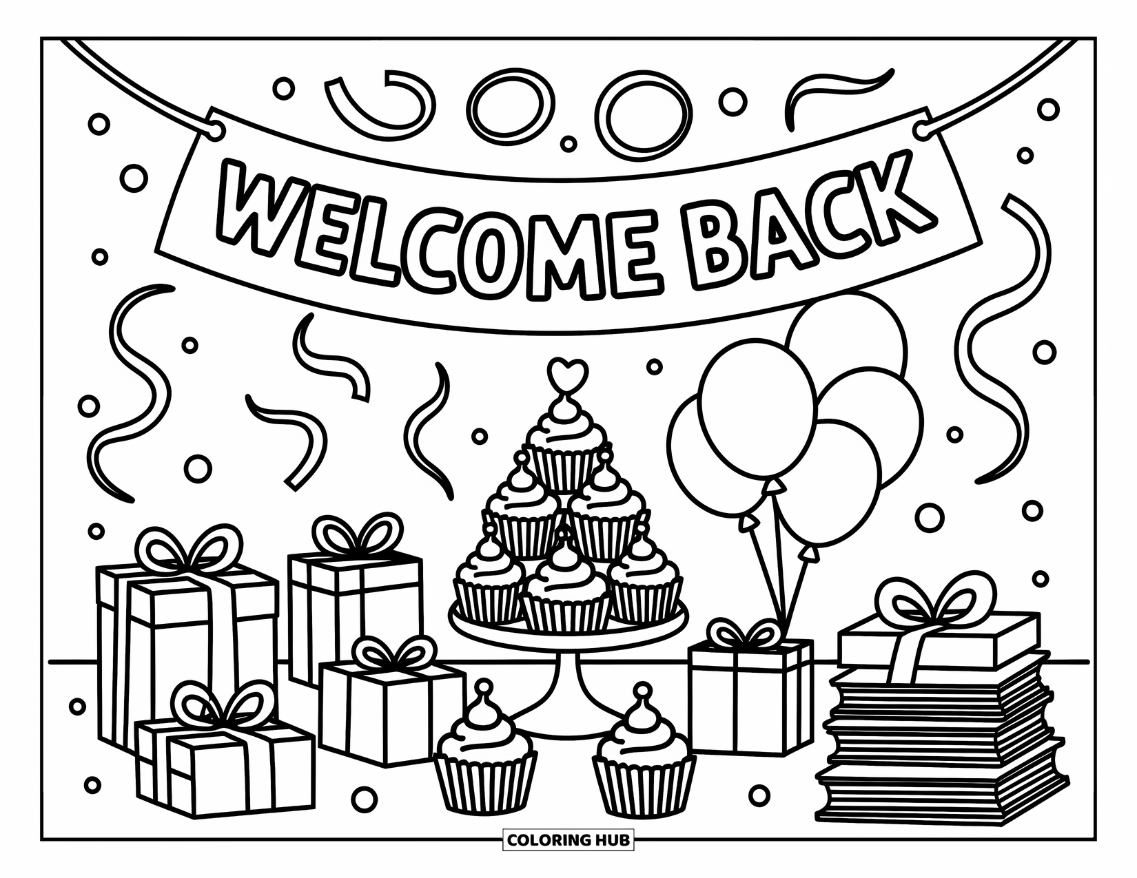 Welcome Back Coloring Page for Adults: Party table scene with a Welcome Back banner, cupcakes, balloons, and streamers