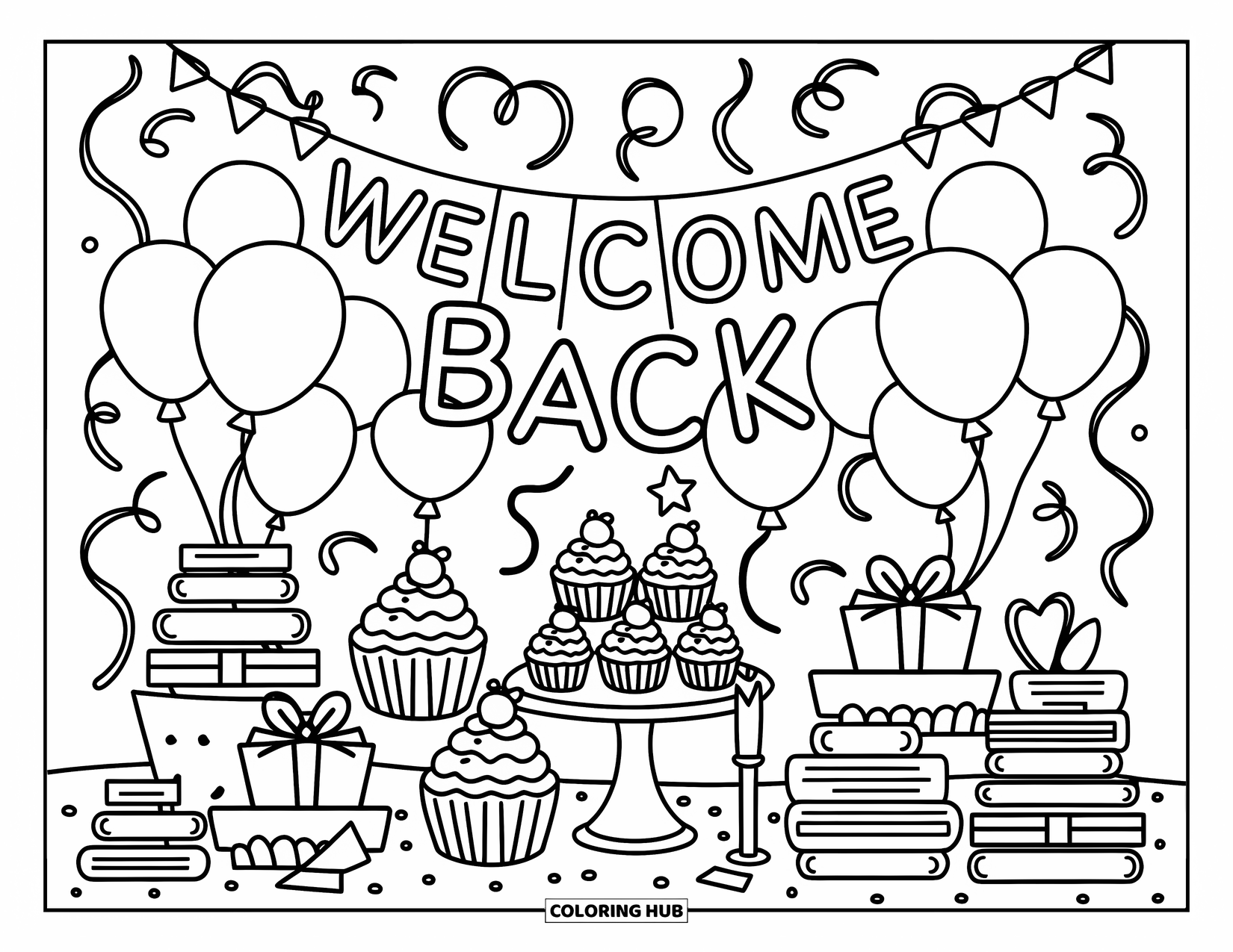 Welcome Back Coloring Page for Adults: Party table with a Welcome Back banner, cupcakes, books, balloons, and streamers