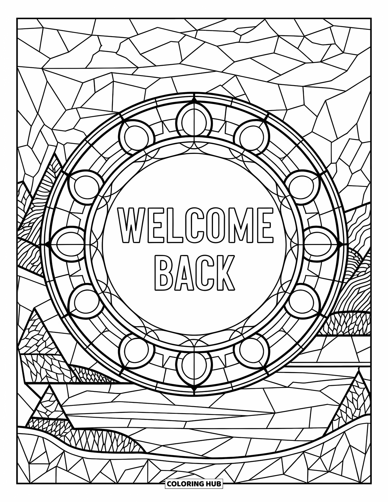Welcome Back Coloring Page for Adults: Stained glass mosaic with Welcome Back and a landscape view
