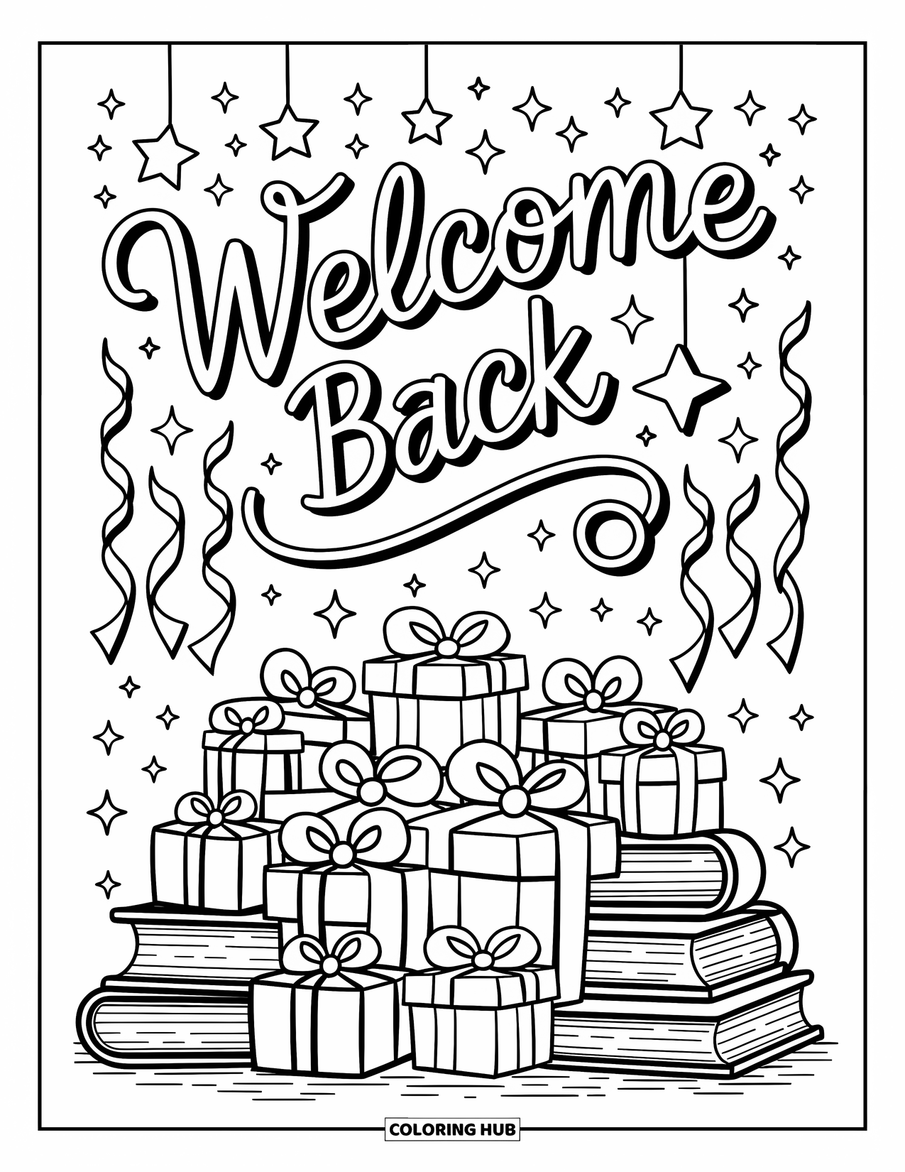 Welcome Back Coloring Page for Adults: Welcome Back arch with ribbons, bows, stars, gift boxes, and books