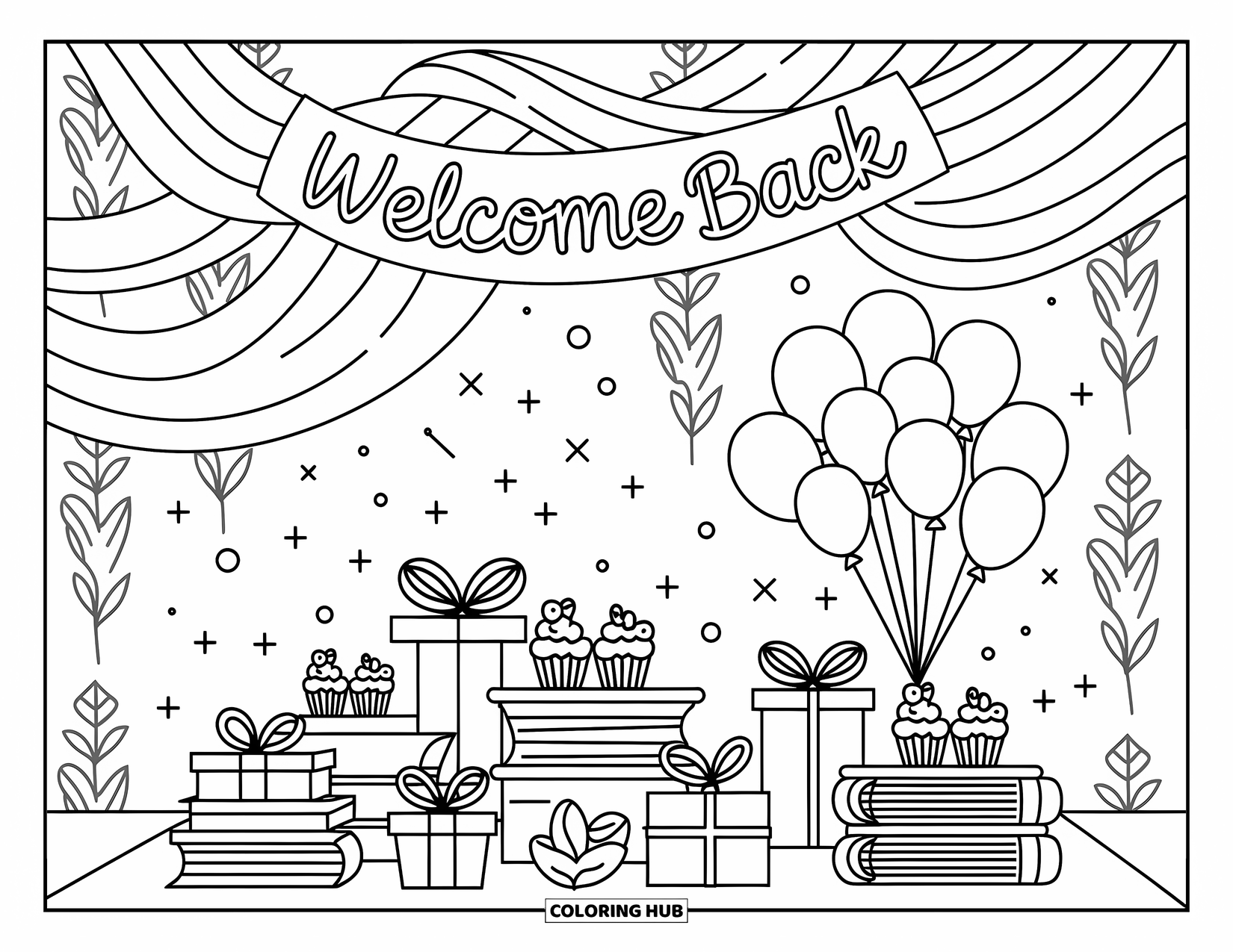 Welcome Back Coloring Page for Adults: Welcome Back banner above a party table with cupcakes, gifts, and balloons