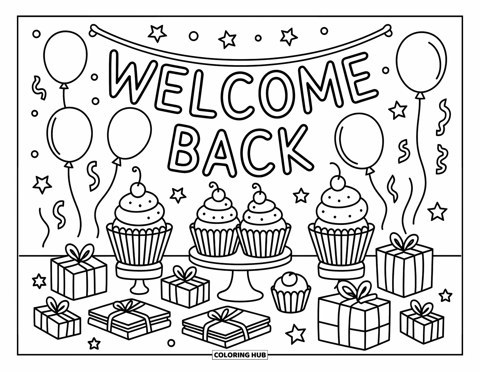 Welcome Back Coloring Page for Adults: Welcome Back banner above a party table with cupcakes, gifts, books, and balloons