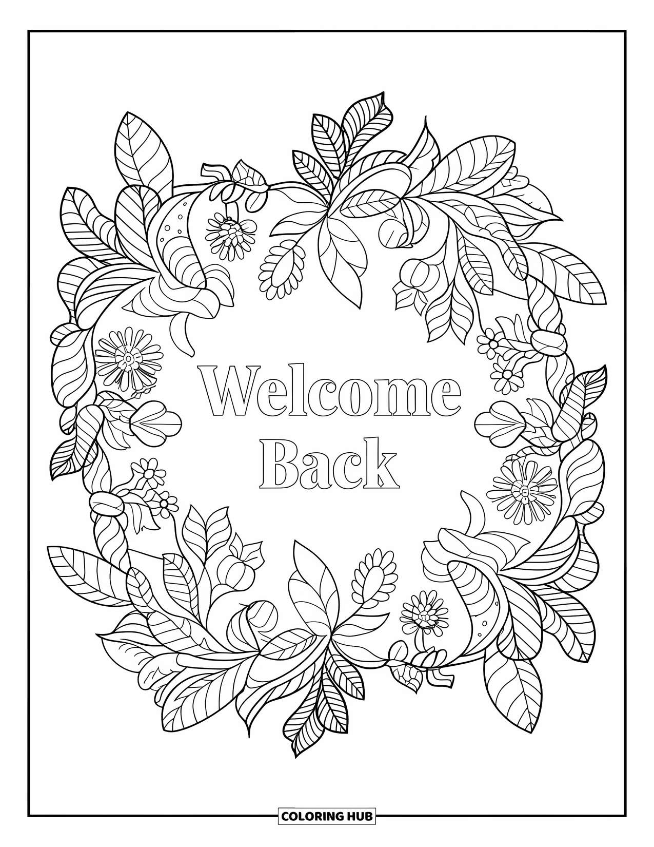 Welcome Back Coloring Page for Adults: Welcome Back surrounded by a botanical mandala of flowers and vines