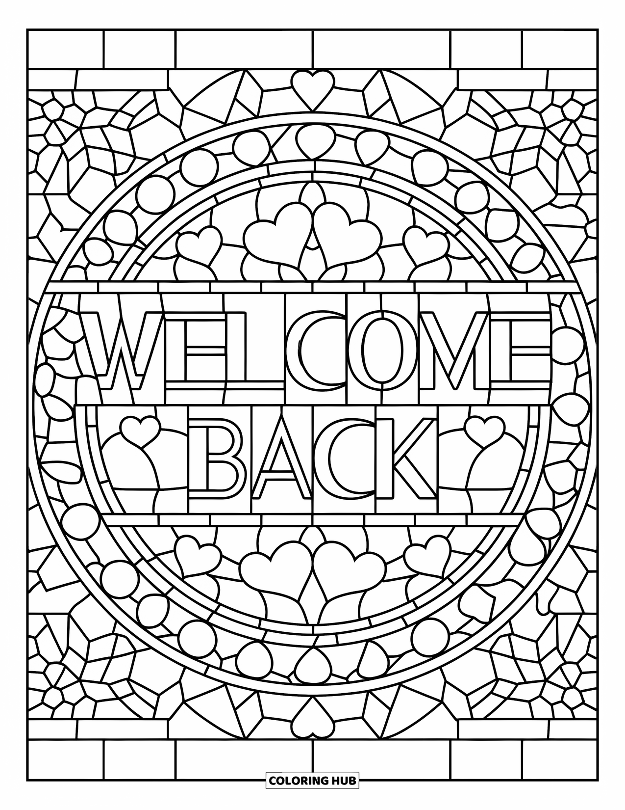 Welcome Back Coloring Page for Adults: Welcome Back text decorated with shapes in a stained glass mosaic