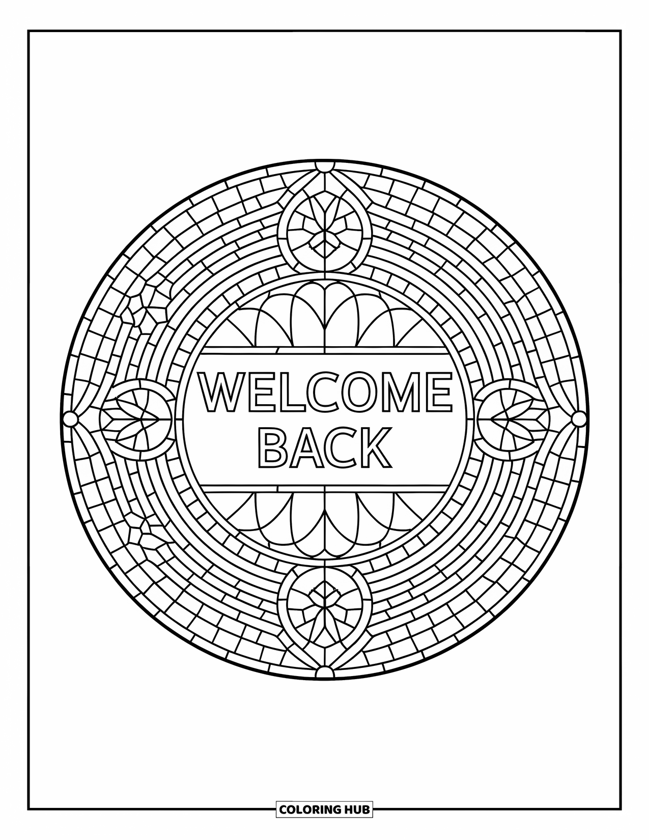 Welcome Back Coloring Page for Adults: Welcome Back text inside a stained glass mosaic design