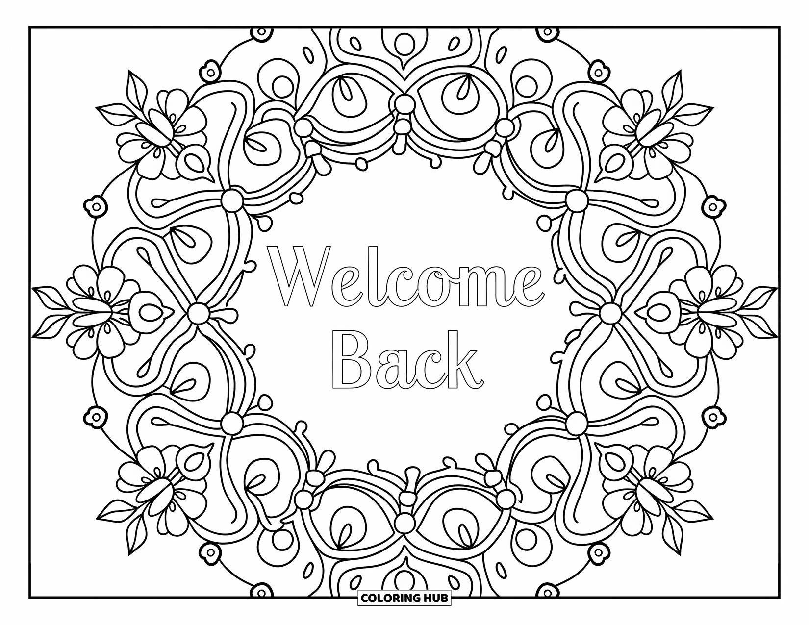 Welcome Back Coloring Page for Adults: Welcome Back text within a detailed floral lace mandala