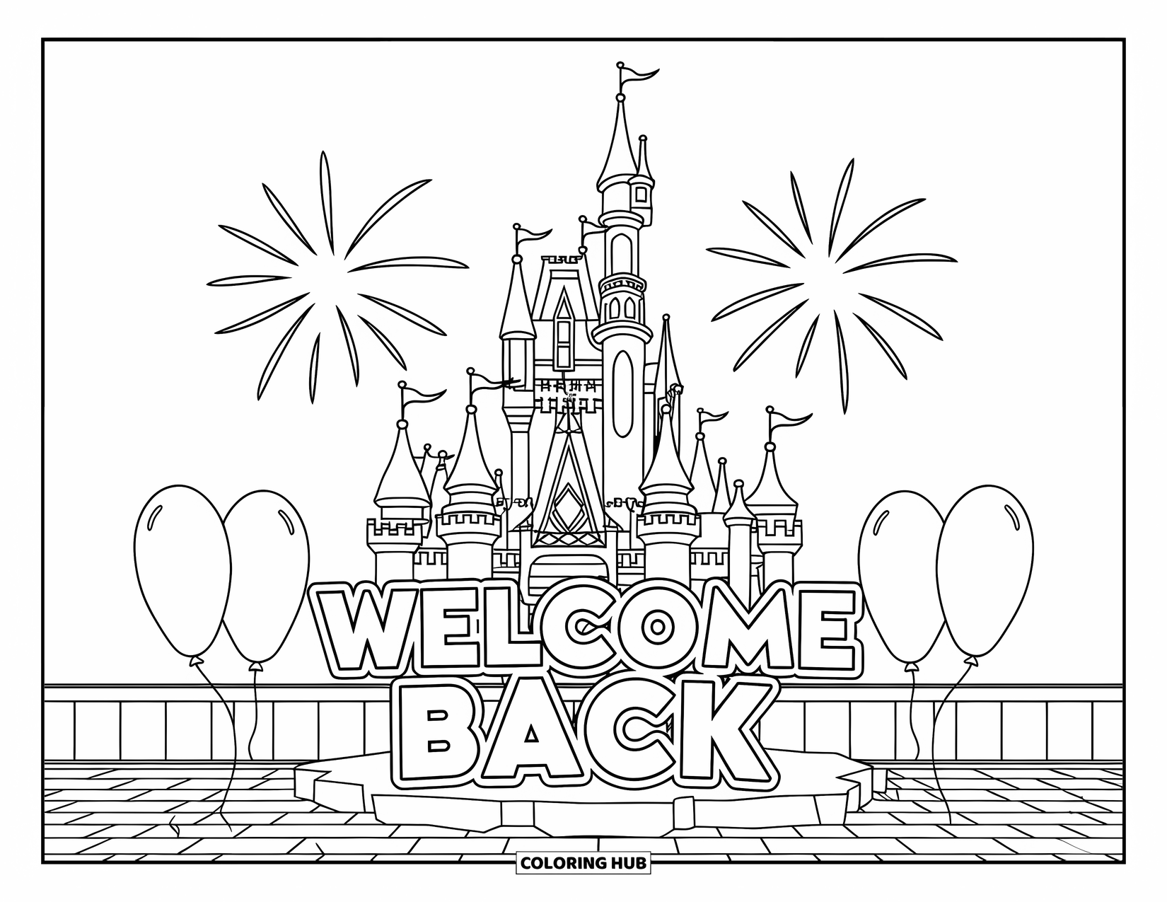 Welcome Back Coloring Page for Kids: Castle with a Welcome Back sign, balloons, and fireworks