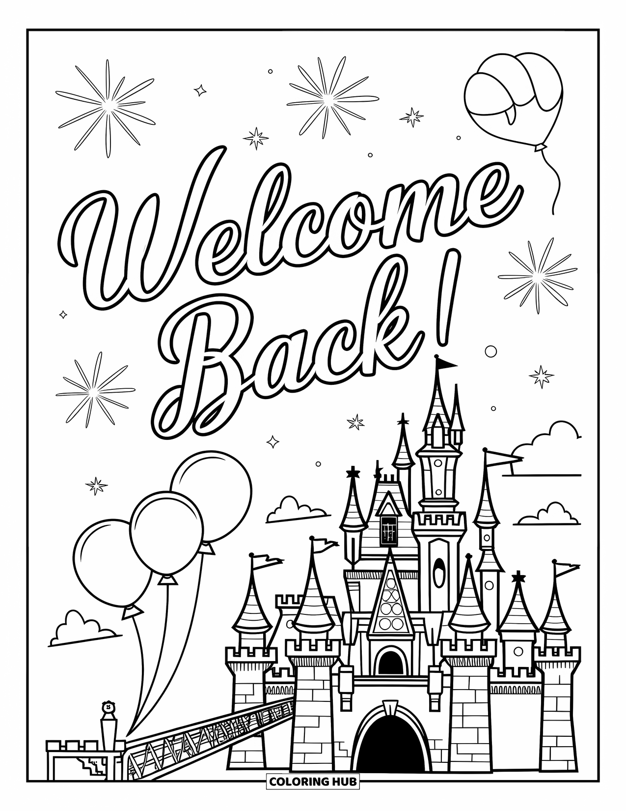 Welcome Back Coloring Page for Kids: Castle with Welcome Back script, balloons, and fireworks