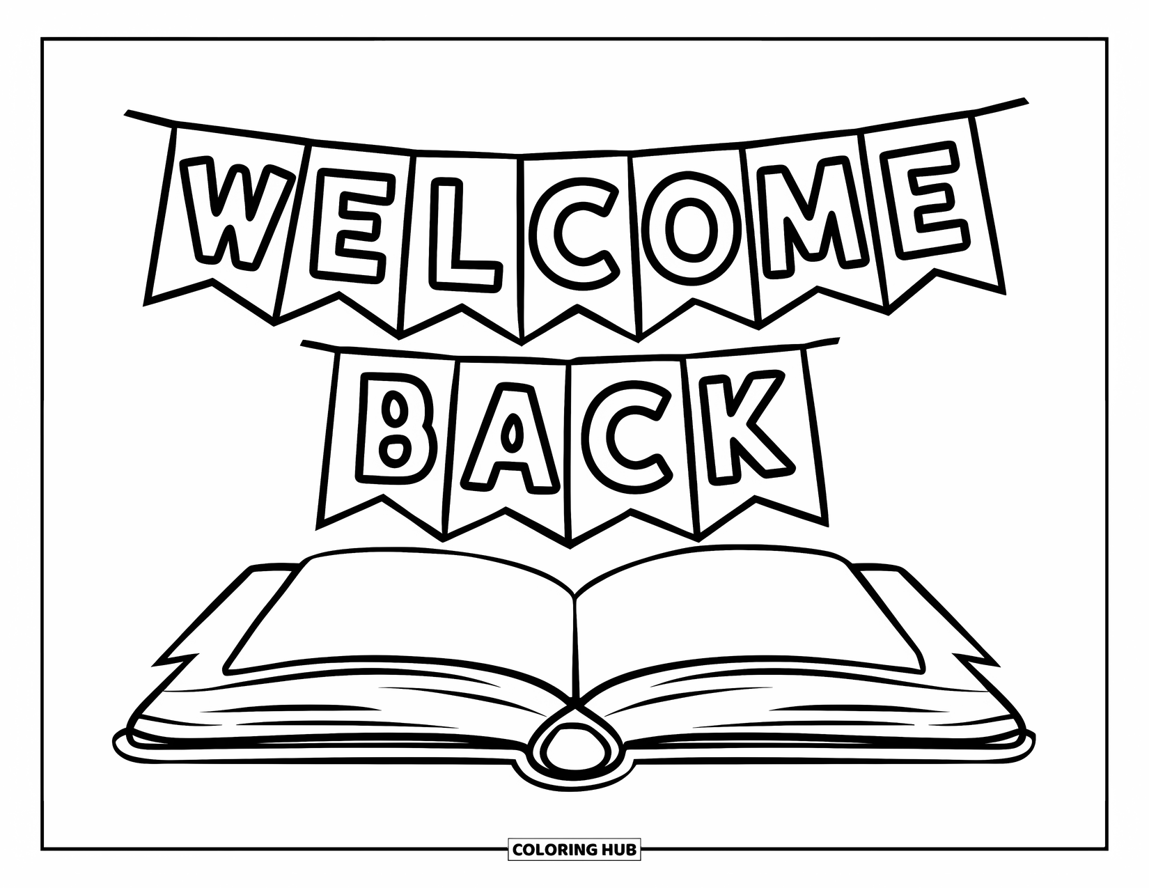 Welcome Back Coloring Page for Kids: Welcome Back flag banner placed over a simple book