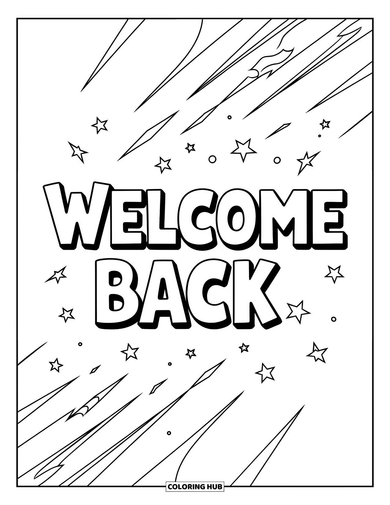 Welcome Back Coloring Page for Kids: Welcome Back letters decorated with sparkling shooting stars