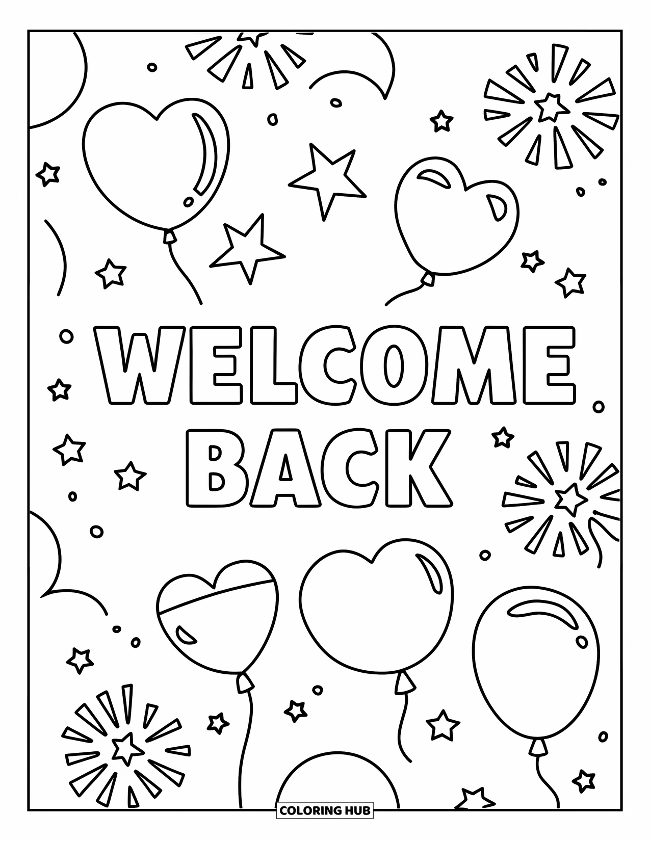 Welcome Back Coloring Page for Kids: Welcome Back message with balloons in heart and star shapes