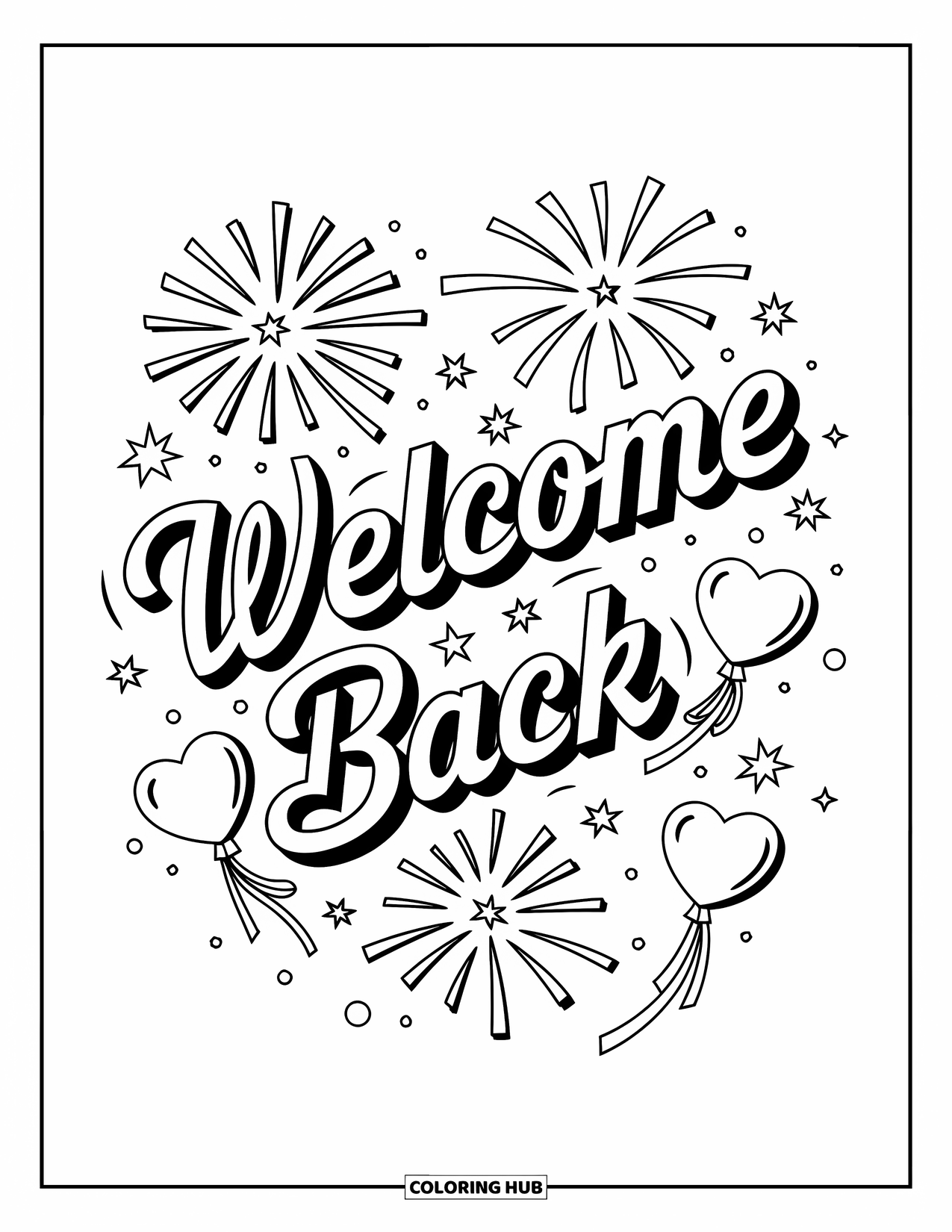 Welcome Back Coloring Page for Kids: Welcome Back message with fireworks, balloons, and sparkles