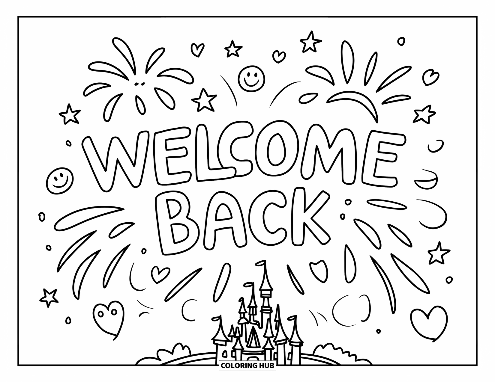 Welcome Back Coloring Page for Kids: Welcome Back message with fireworks, hearts, and a castle view