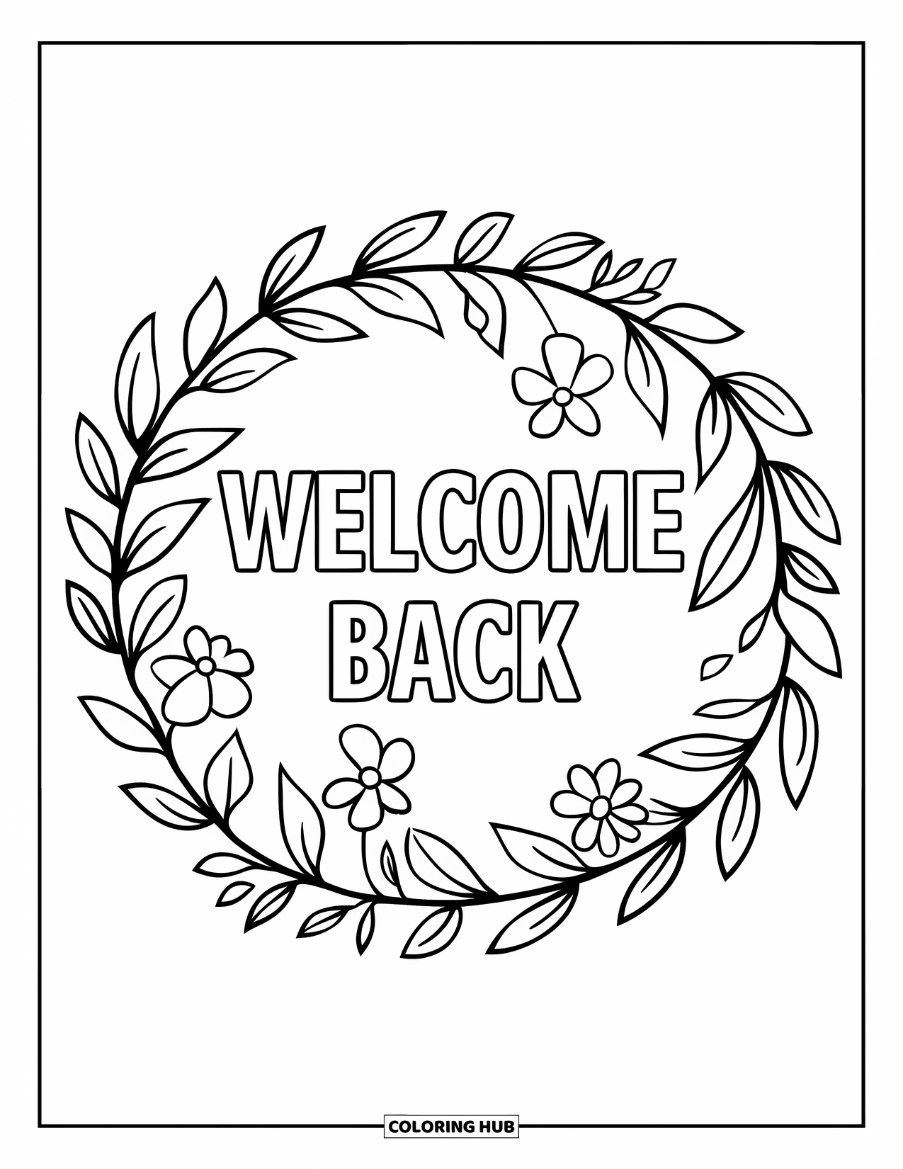 Welcome Back Coloring Page for Kids: Welcome Back text inside a playful floral wreath