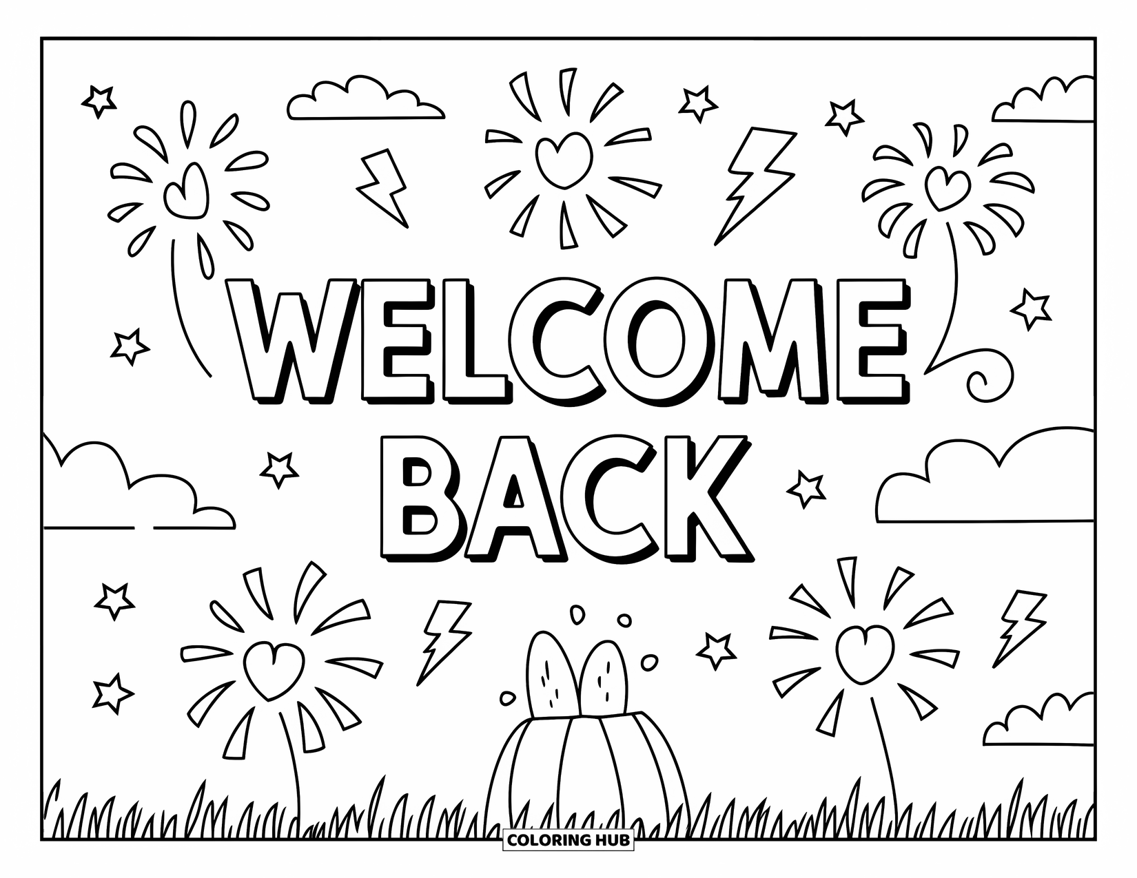 Welcome Back Coloring Page for Kids: Welcome Back words with fireworks, stars, clouds, and grassy ground